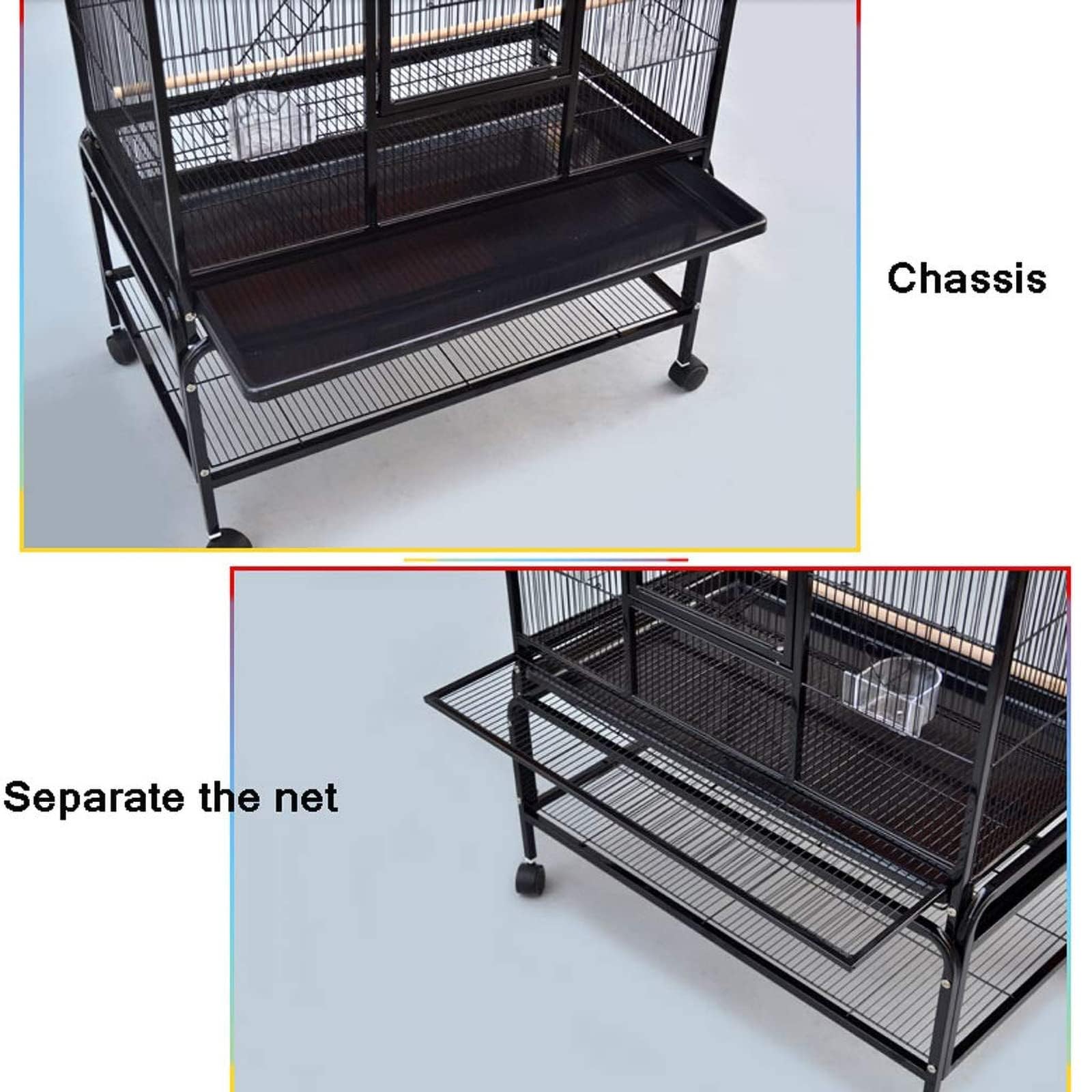 Nido de Jaula para pájaros de Hierro, Jaula de exhibición para Mascotas, Jaula para periquitos Lovebird, Jaula para pájaros para Mascotas con Escalera, Juguetes y Ruedas Colgantes,Black