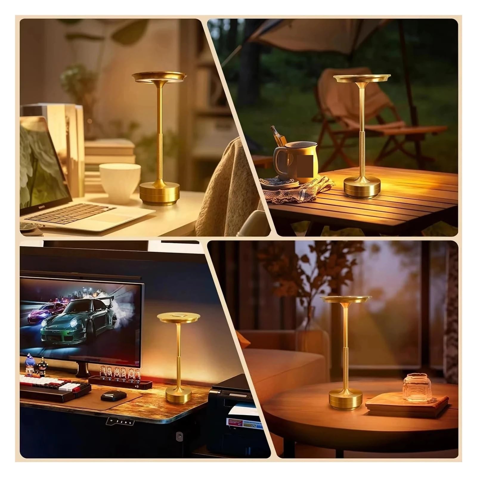Lámpara LED decorativa simple de aleación de aluminio | Luz nocturna, atmósfera infinitamente regulable, escritorio táctil recargable(Gold)