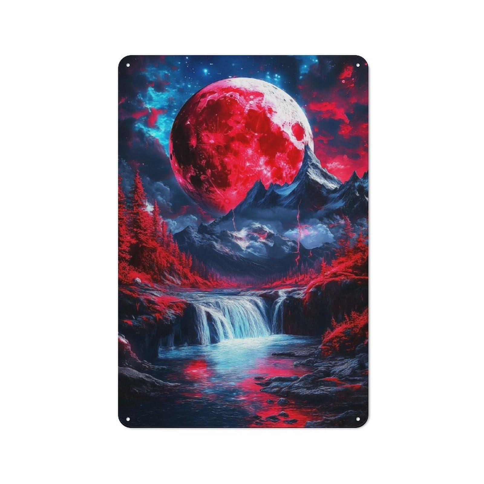 Junmoney Red Moon Waterfall Rustic Metal Plaque 30X20cm For Studio Or Craft Room, Housewarming Present For People Styling Studio And Craft Room