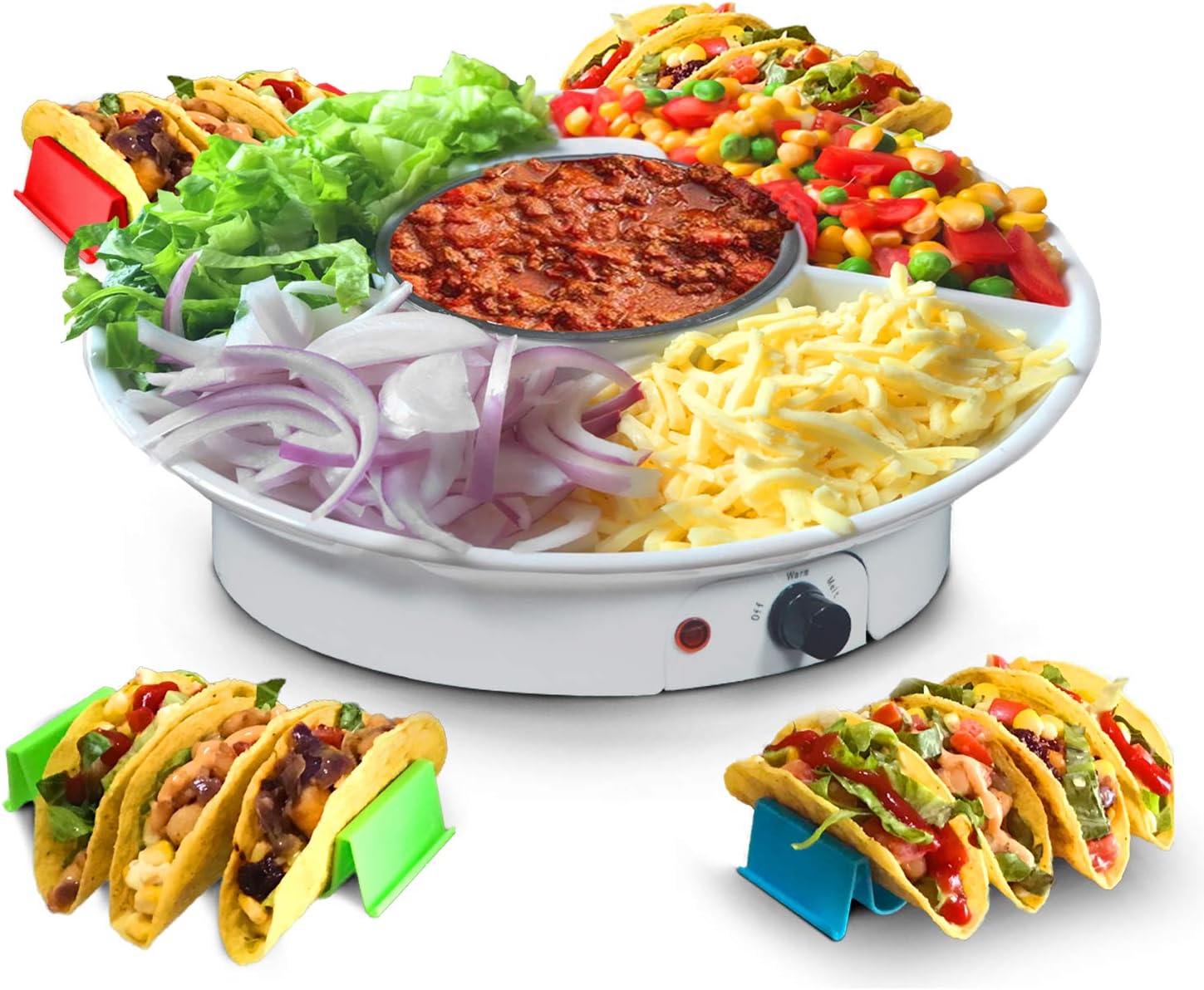 UMINEUX Taco Tuesday Heated Topping Bar, Perfect for Burritos, Nachos, 10-Oz. Warming Pot, Taco Tray, Nacho Tray, Includes 4 Taco Holder Stands, White