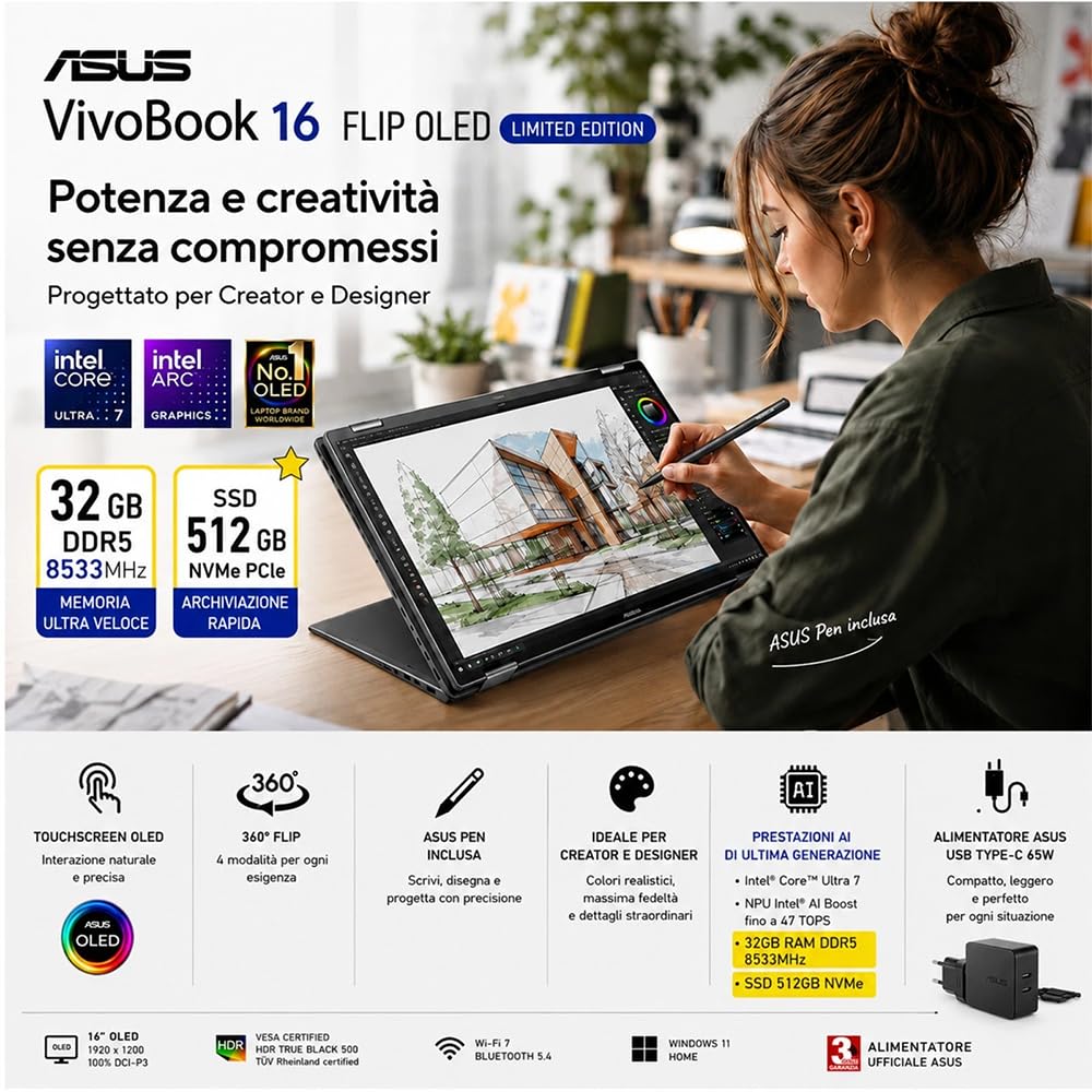 ASUS Vivobook 16 Flip OLED Touch 16", Ultra 7 258V, 32 Gb, Ready to use | Intel AI Boost NPU, Ram 32GB DDR5 8533MHz, Display OLED Touch screen, SSD 512GB, Win11, Tastiera Retroilluminata + Stylus Pen