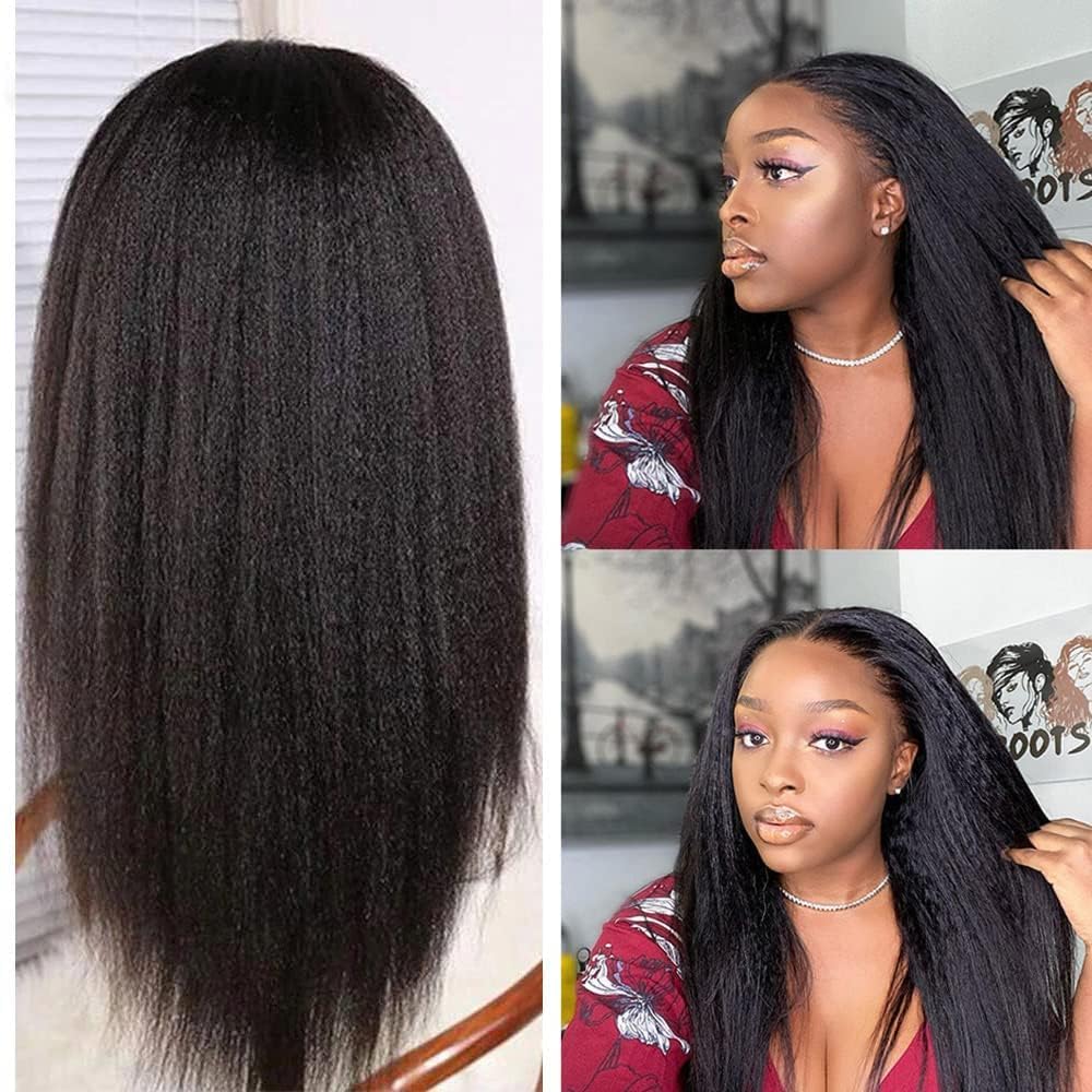 HC 13x6 Kinky Straight Human Hair Wig 180% Density HD Transparent Glueless Lace Front Wigs Human Hair Pre Plucked with Baby Hair Natural Hairline Yaki Straight Human Hair Wigs For Black Women 20inch