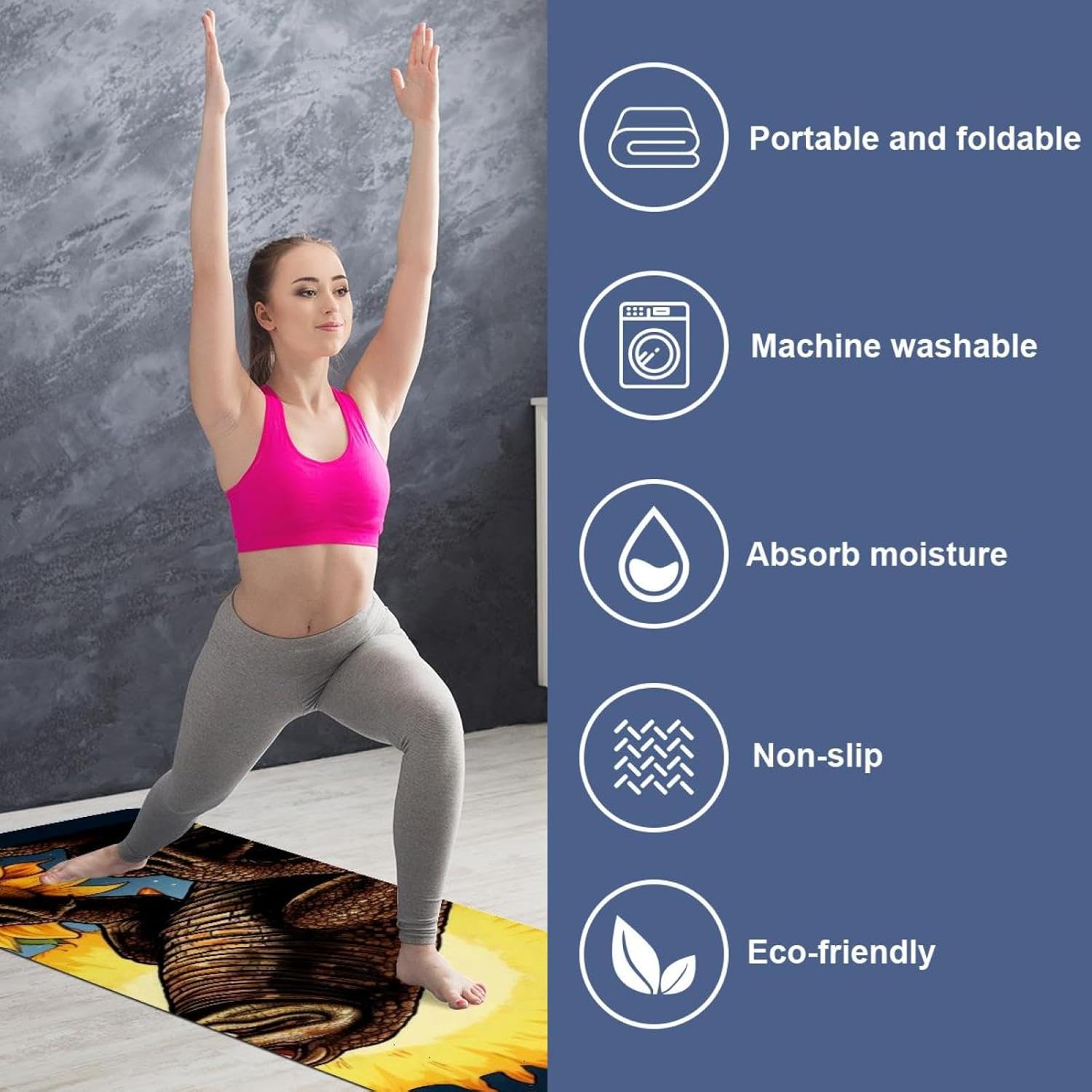 Yoga Towel, Crocodile Star Sunflower Non Slip Sweat Absorbent Hot Yoga Mat Towel for Hot Yoga, Pilates and Fitness - 72.8" x 26.8"