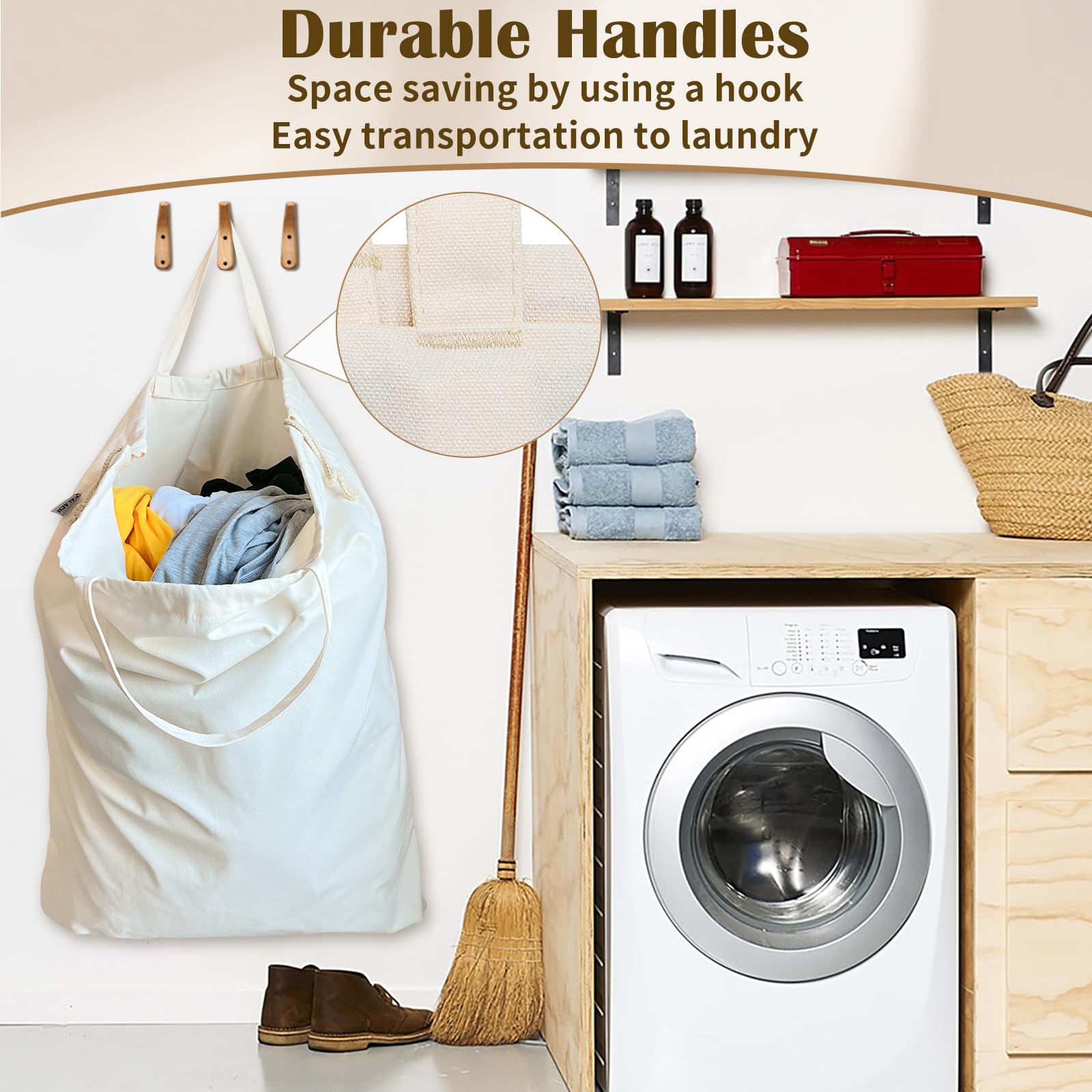 Bolsa de lavandería de lona, extra grande, resistente, 83 cm de ancho x 89 cm de alto, beige, paquete de 2