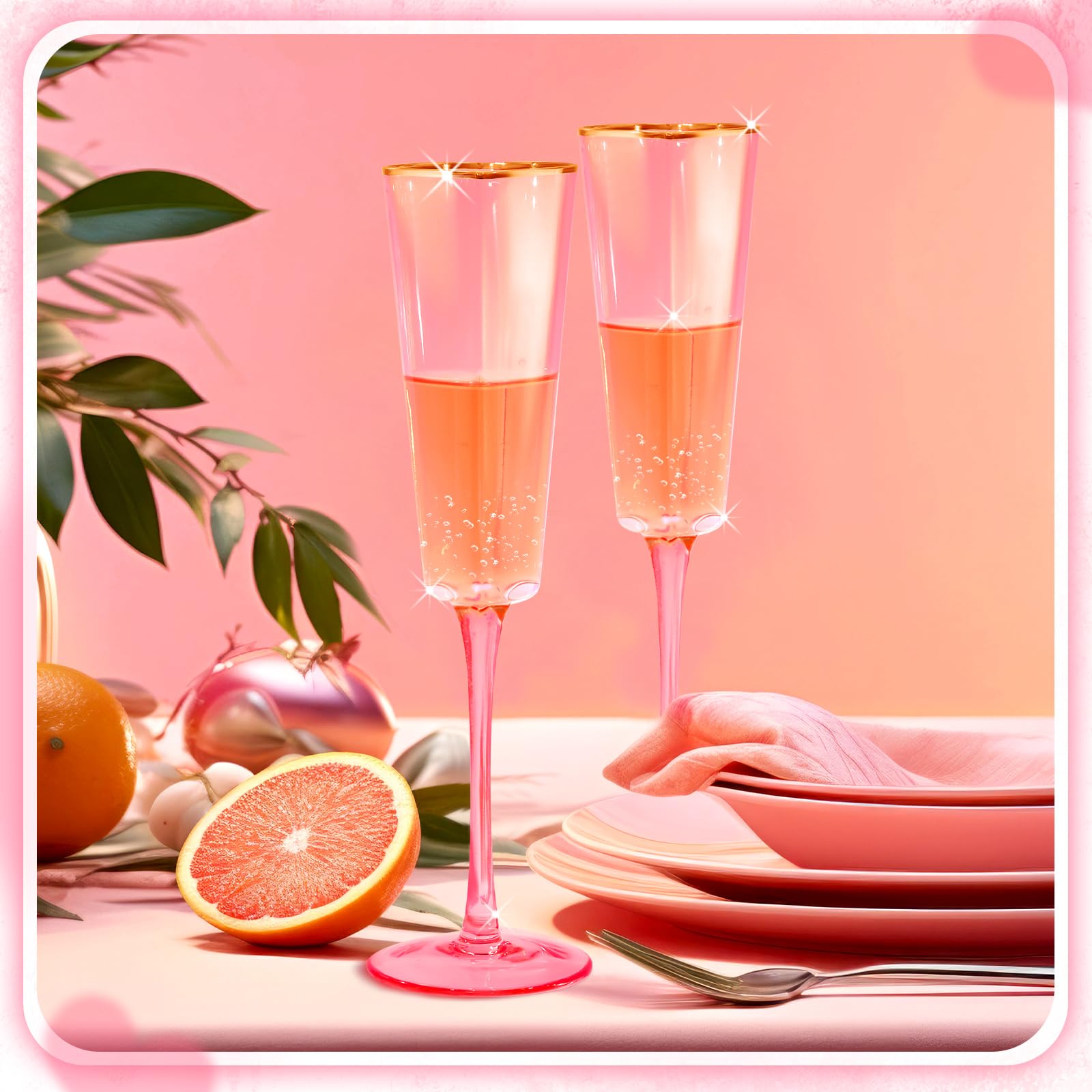Pink Heart Champagne Flutes - Wedding Party Glasses -4 Pink Heart Champagne Flutes - Wedding Party Glasses -4