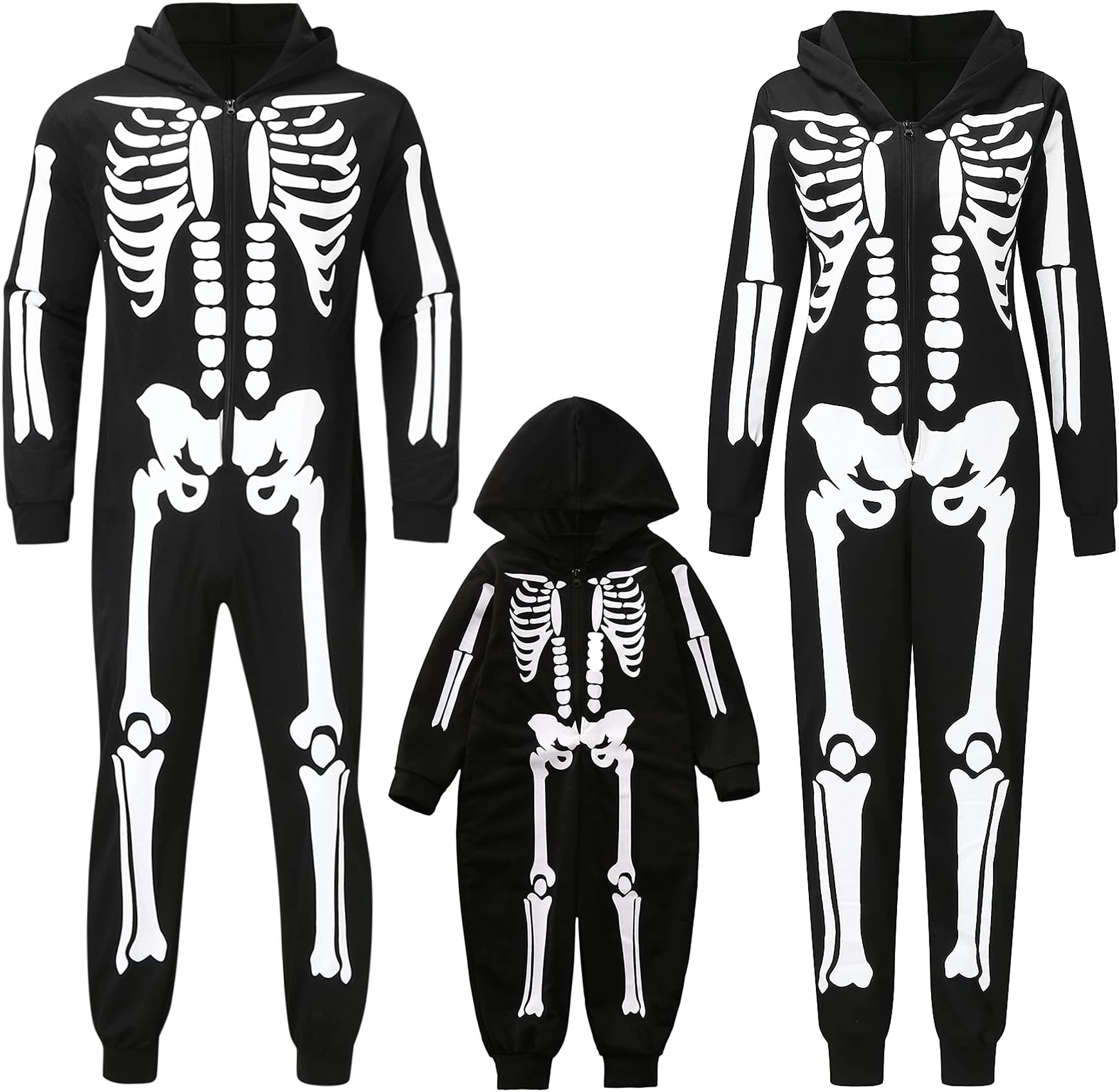 Halloween Costume for Women Men and Kids Family Matching Outfits Jumpsuit Skeleton Print Hooded Romper with Zipper