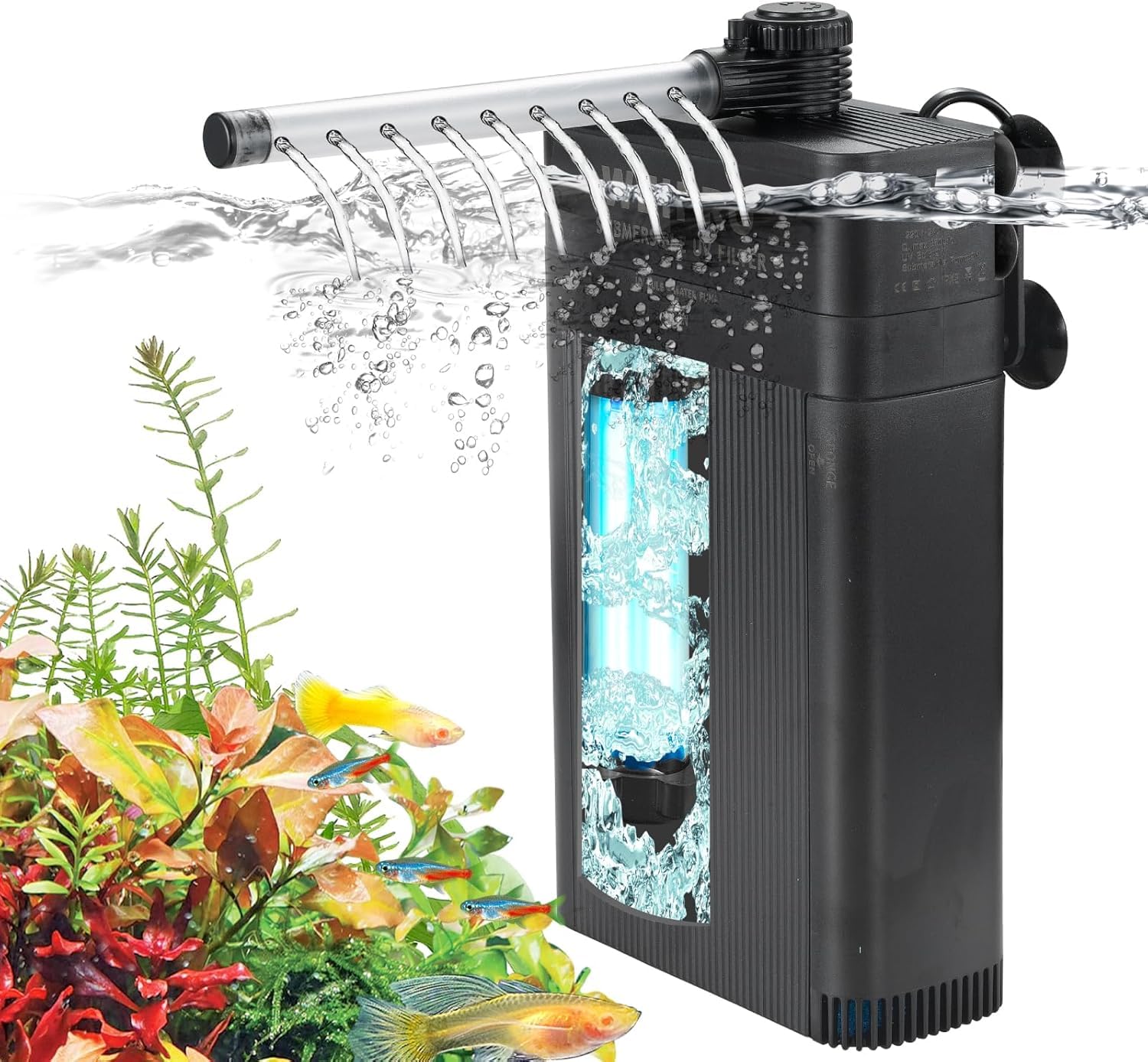 Internal Fish Tank Filter with 5W UV Light, Multi Filter Materials, Adjustable Water Flow Submersible 700L/H Aquarium Filter Pump for 30~50 Gal Freshwater or 20~30 Gal Saltwater, TU-700(185GPH)