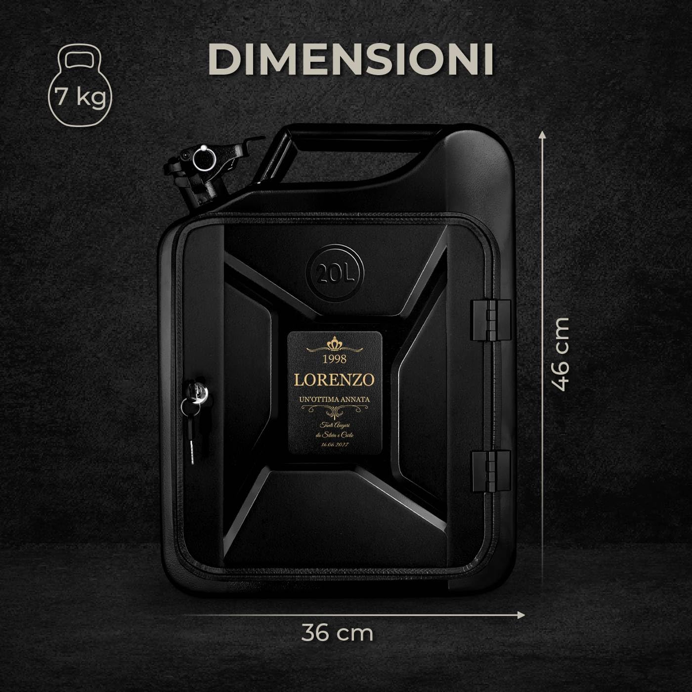 Maverton Tanica Mini Bar Nero 20L - Regalo Uomo Compleanno Personalizzato - Targhetta con Dedica Incisa - Mobile Bar con Accessori Regali Uomo - Dimensioni 36cmx47cmx18cm