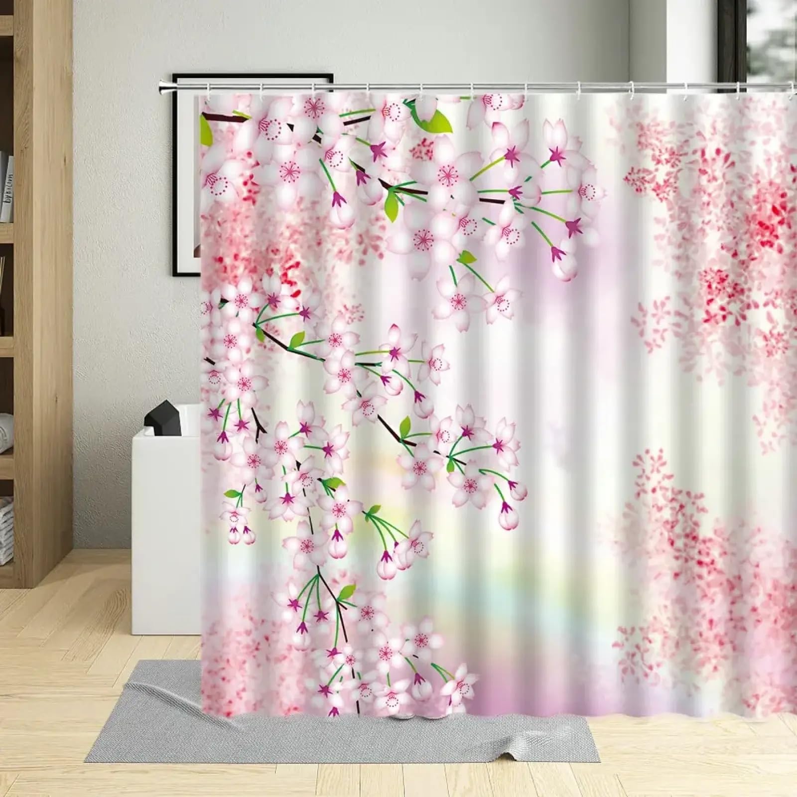 Rideau de douche décoration salle de bain romantique à motif floral asiatique rose