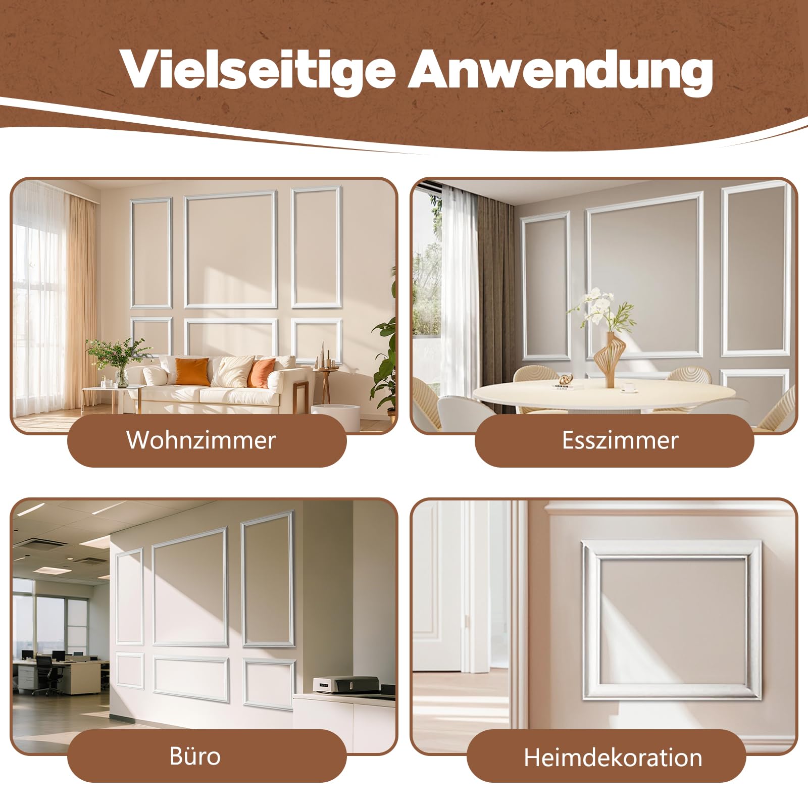 Wandpaneel-Set – 6 Stück Zierleisten-Set für Akzentwand & Wandverkleidung – Lackierbar & Feuchtigkeitsresistent – Für Wohnzimmer, Schlafzimmer & Innenräume – DIY Installation