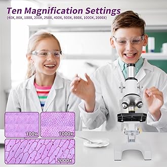 Microscope for Kids Beginner, 40X-2000X Biological Compound Microscope Kit with Adjustable Brightness LED, Slides for School Lab Home Education, Gifts for Children Students