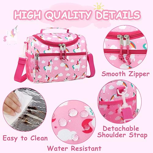 Miniatura 3 de RAVUO Lonchera para niñas, resistente al agua, aislada, linda bolsa de almuerzo para niños con correa de hombro desmontable