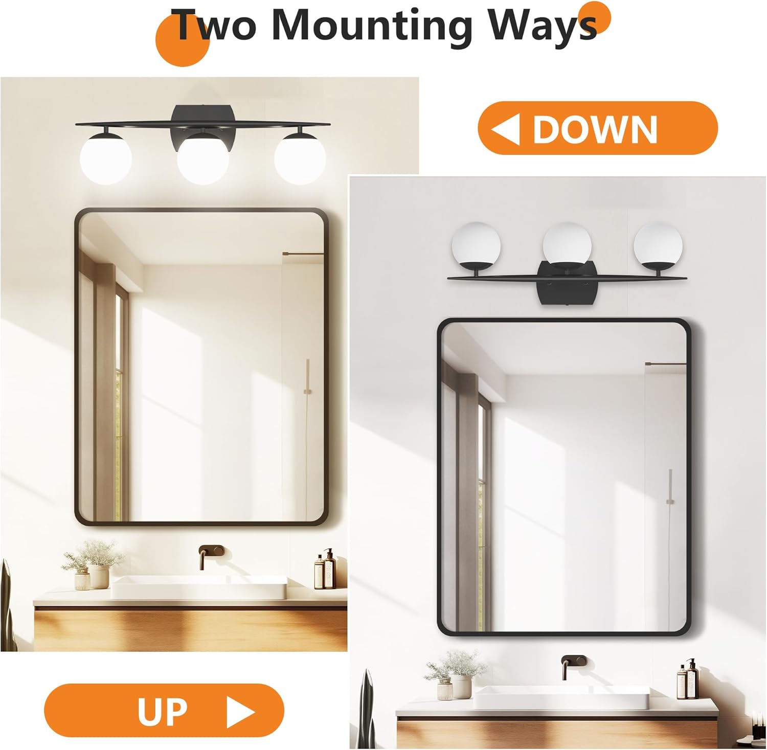 Black Bathroom Light Fixtures, 3-Light 25.1 Inch Modern Vanity Lights with Milky White Frosted Glass Shades, Wall Sconces for Bathroom, Bedroom, Living Room(G9 Bulb not Included)