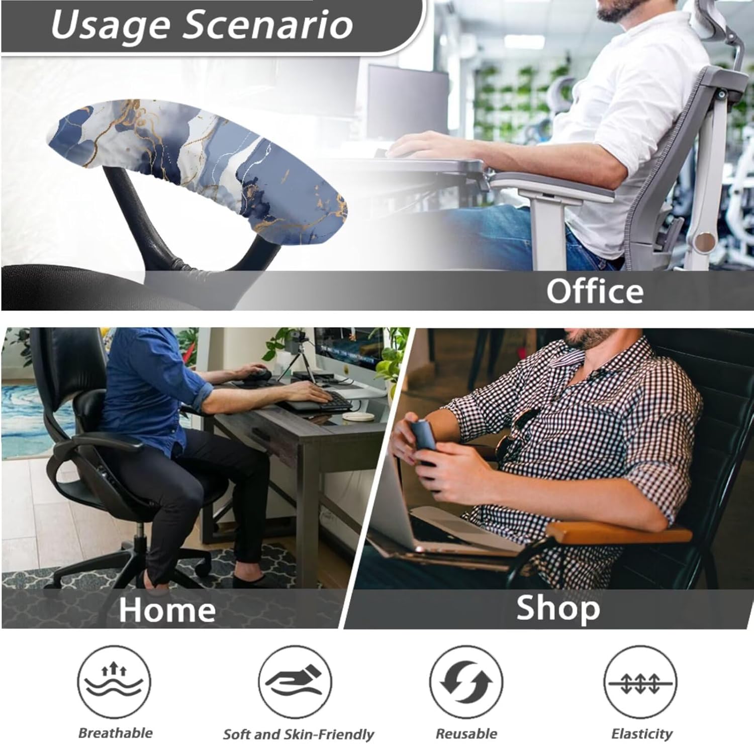 Grey Marble Print Office Chair Cover, Modern Rotating Chair Cover Washable Office Desk Chair Seat Cover with Arm Covers for Anti-Dust High Back Chair Slipcover-S