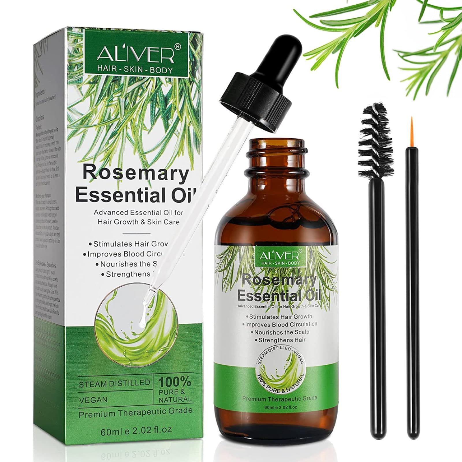 Aceite Esencial de Romero para el Crecimiento del Cabello - 100% Puro Orgánico para el Cuidado de la Piel, Cejas, Pestañas, Barba - Nutre el cuero cabelludo - Estimula el crecimiento del cabello