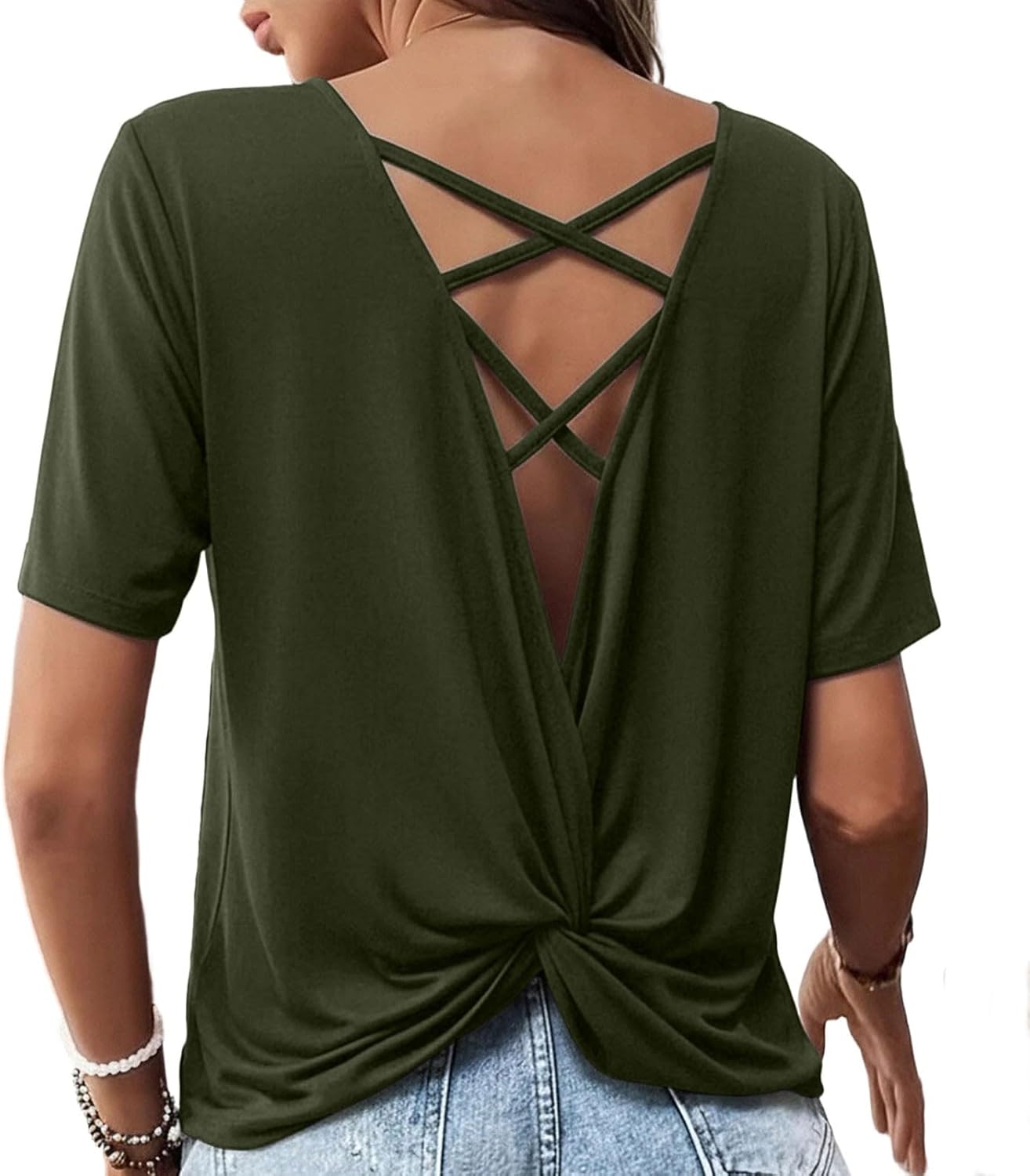 Open Back Tops for Women Round Neck Casual Workout Crisscross-Back Tops Slim Fit Going Out Top Y2k Basic Clothes