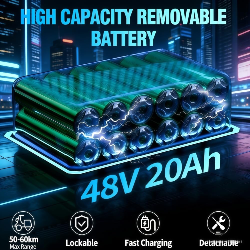 BK20 Bicicleta eléctrica para Adultos, 48V 20Ah, batería extraíble, Larga autonomía 60-100 km, Bicicleta eléctrica 20 Pulgadas, Todoterreno, suspensión Doble, 7 Marchas, Freno de Disco Doble