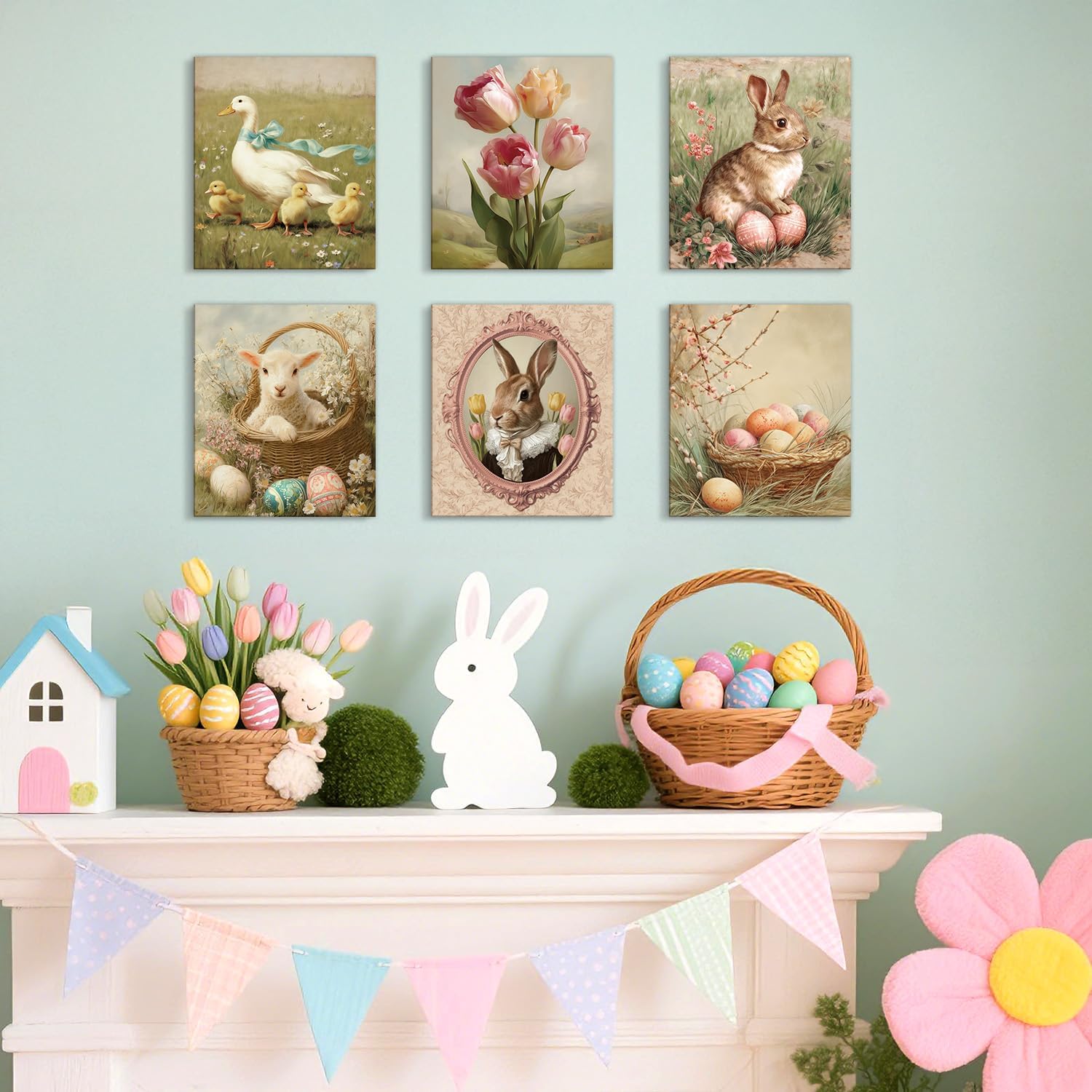 HPNIUB Vintage Easter Wall Decor, Funny Rabbit Canvas Wall Art for Nursery, Set Of 6 Piece (8x10inch,Framed) Spring Flower Pictures, Farmhouse Easter Eggs Bunny Painting Decoration for Living Room