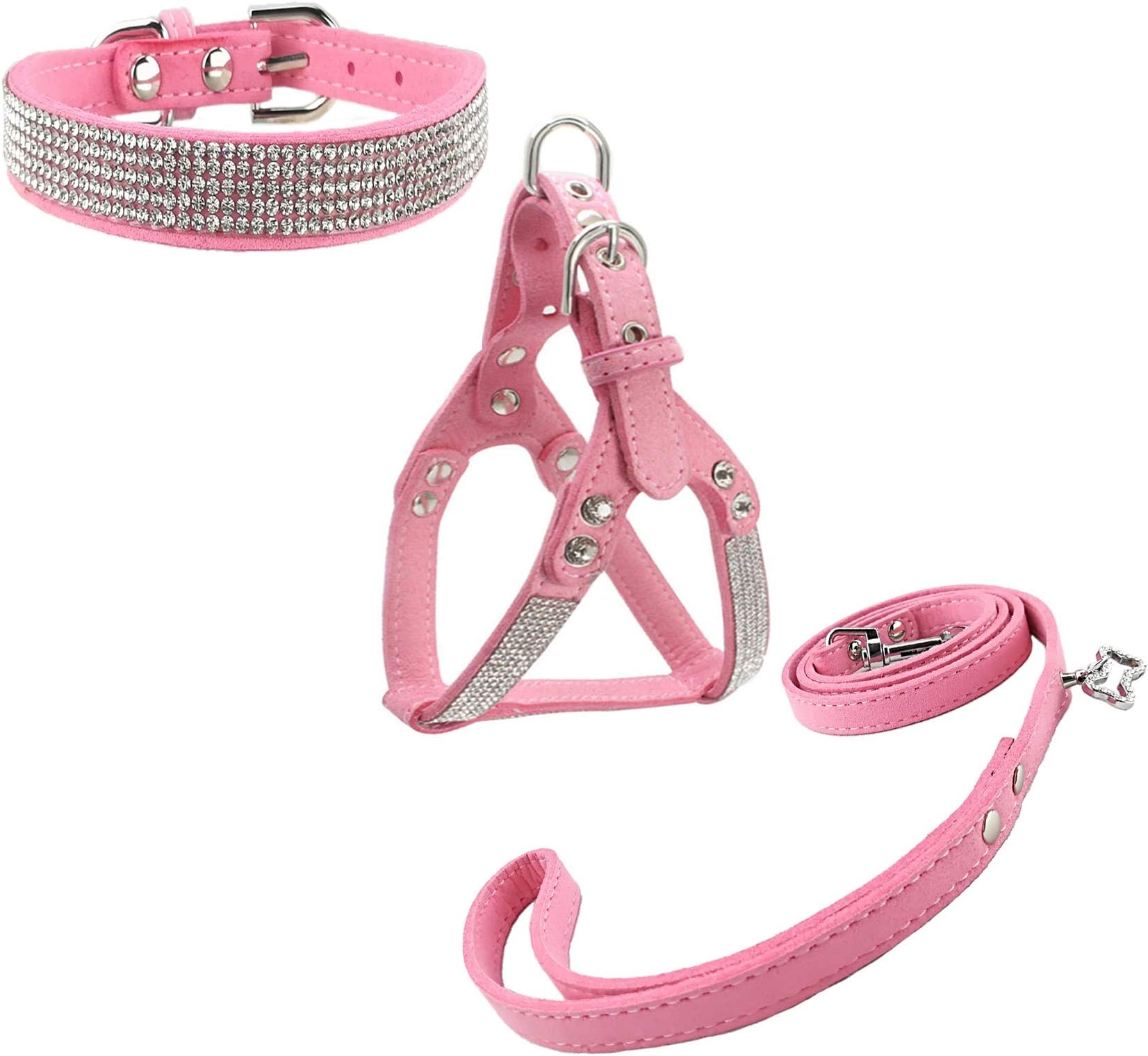 Dog Brass Collar & Harness & Lead Sets Fashion Dog Collar Diamante with Harness & Leashes Comfortable Microfiber Collar Harness and Leashes Set for Dog - Pink - S