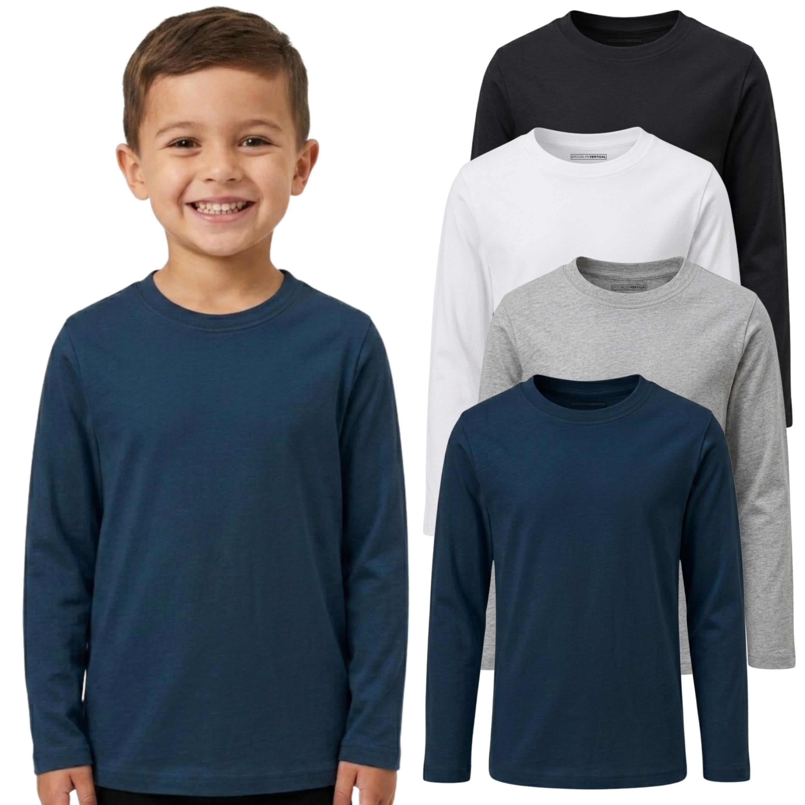 BROOKLYN VERTICAL Boys 4-Pack Long Sleeve Cotton T-Shirts – Tagless Crew Neck Basic Tees, Sizes 2T-18/20