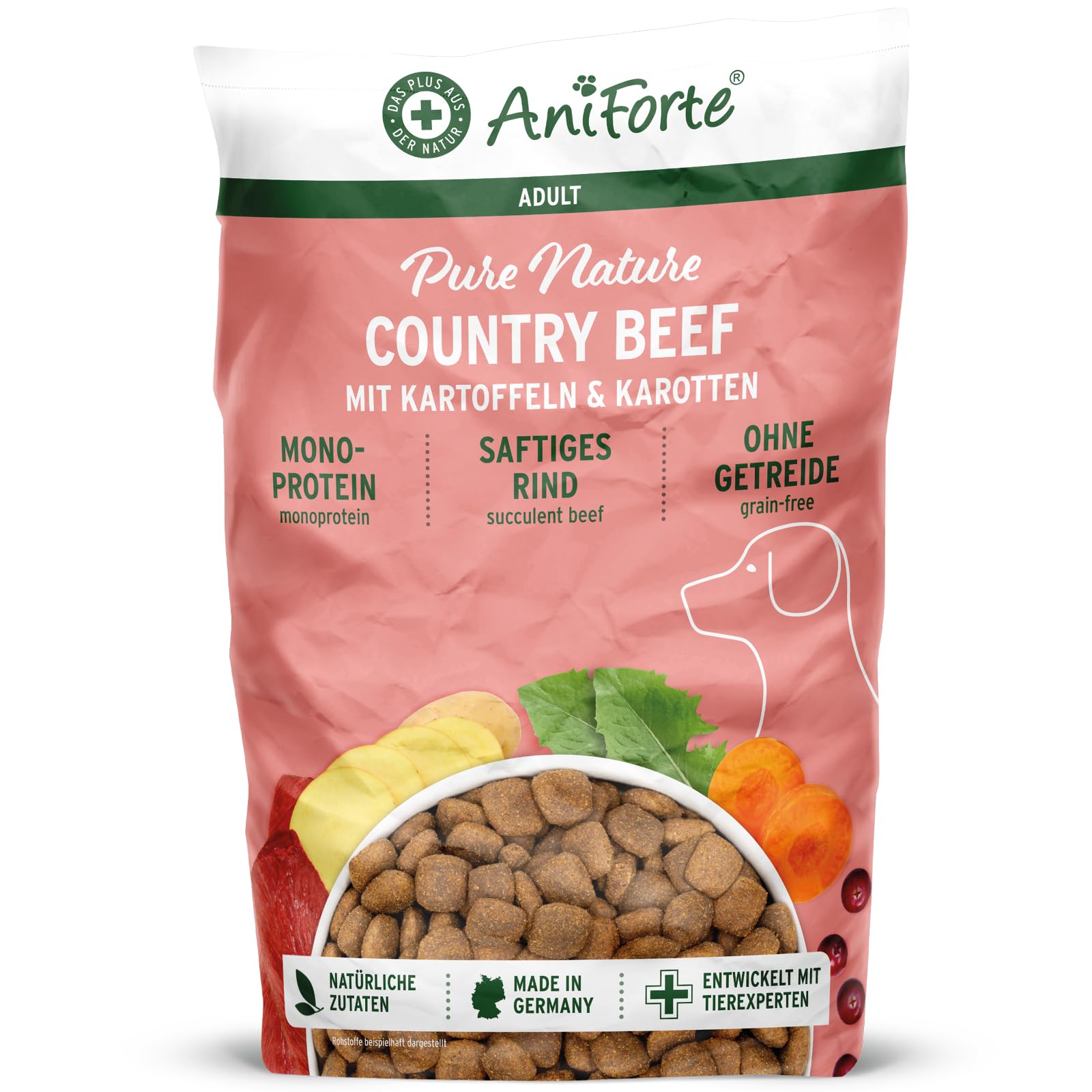 AniForte Natürliches Hunde Trockenfutter CountryBeef 14kg - Saftiges Rindfleisch mit Kartoffeln, Hundefutter getreidefrei & glutenfrei, Ohne künstliche Vitamine