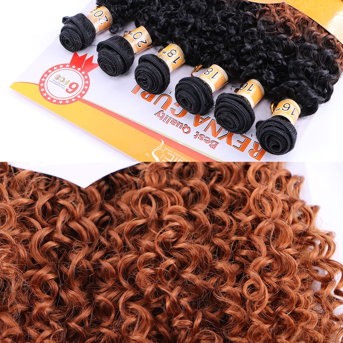 Doren 6 Bundles Synthetic Hair Weave Extensions Jerry Curly 210g Ombre 2Tone Color High Temperature Long Curls (16 18 20inches) x2pcs #T1B/30