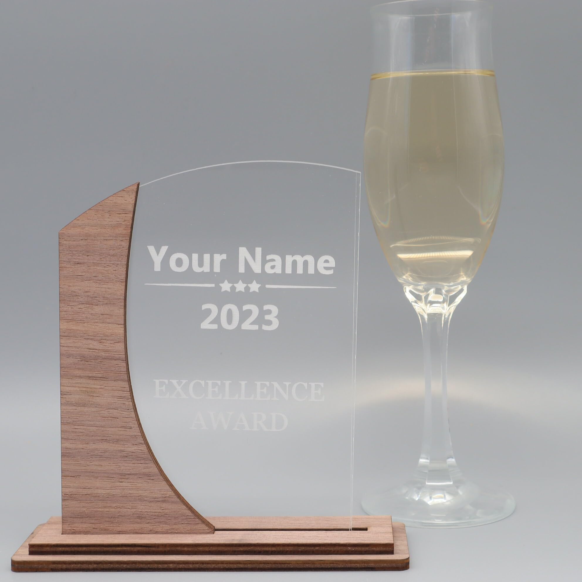 Pila Stone Moderne edle Trophäe, personalisiert mit eigenem Text Grafik oder Logo, aus Acrylglas mit Edelshoz Sockel, Personalisierte Gravur - Pokal - Auszeichnung - Elegant für Jubiläum