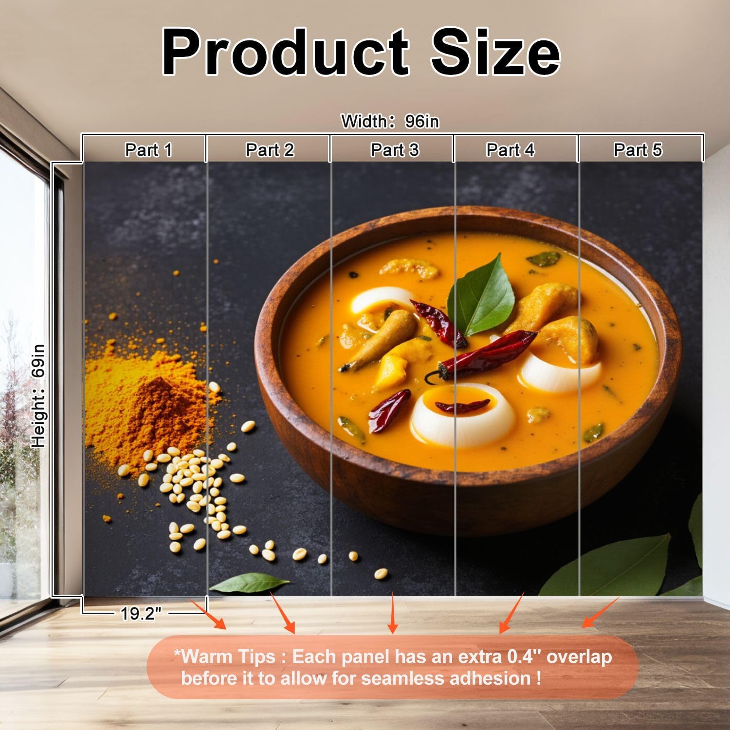 Wall Mural Peel and Stick Wallpaper Indian Rich Golden Orange Curry Boiled Eggs Fiery Red Chilies 69'' x 96'' Removable Wall Sticker Prepasted Wallpaper Renter Friendly Decal for Kitchen