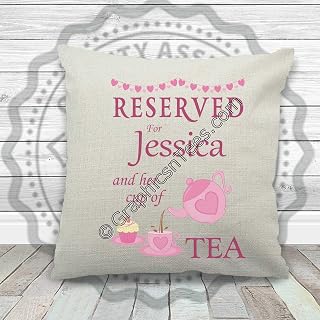 Graphics 'n' Tees - Personalised Reserved For Cup of Tea Cushion, Birthday Christmas Gift, Printed on Quality Cream Linen Textured Cushion 40cm x 40cc