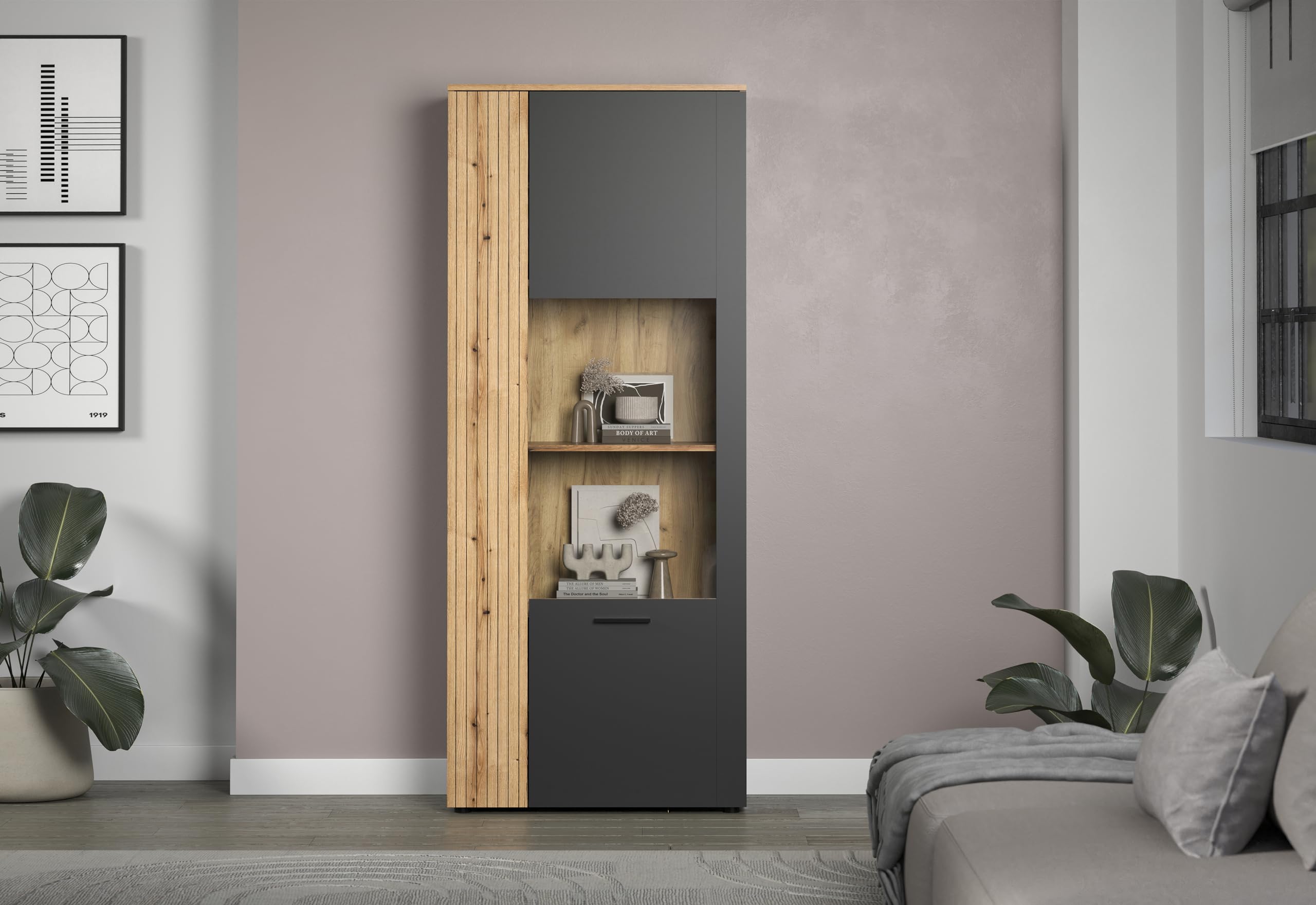 trendteam smart living - Esteban - Vitrine - Anthrazit/Eiche - Standvitrine in Rillenoptik - (BxHxT) 80 x 195 x 42 cm - eleganter Wohnzimmerschrank mit 6 Fächern