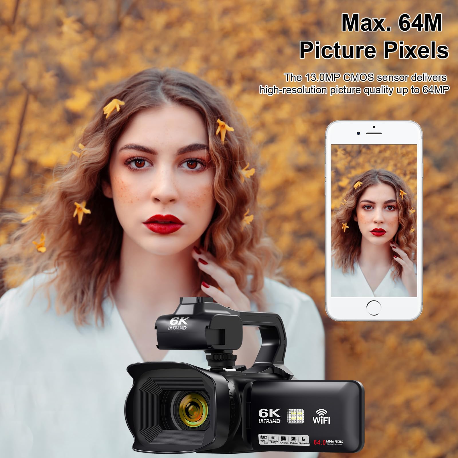 Camcorder Video Camera 6K 64MP IR Night Vision Vlogging Camera for YouTube 18X Digital Zoom 4.0" Touch Screen Digital Camera with WiFi, Microphone, Charger, Stabilizer, Remote Control and 64GB SD Card