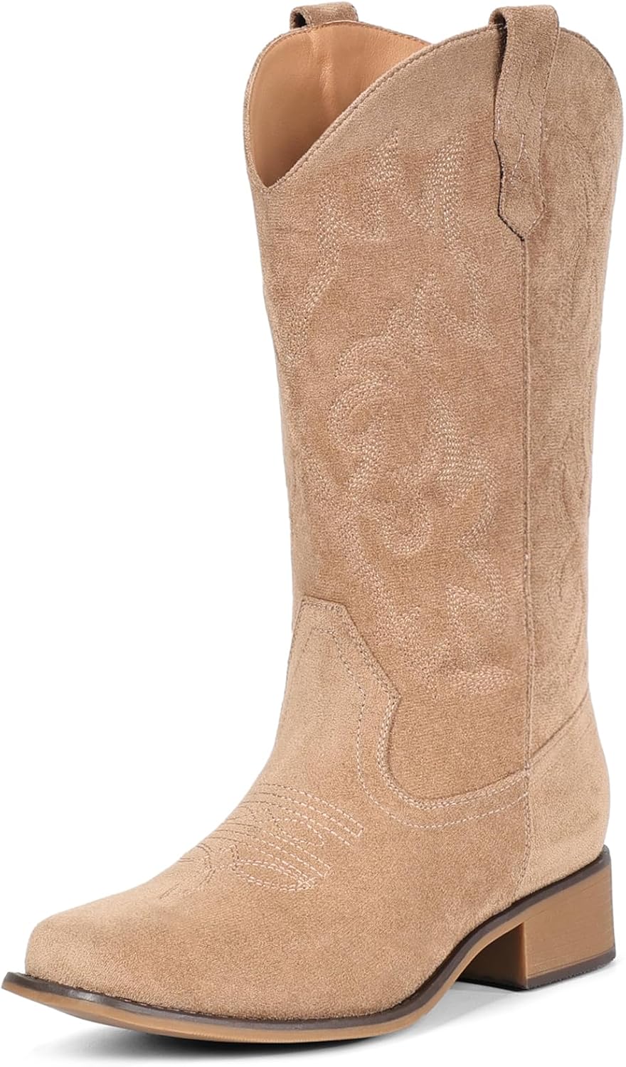 IUV Cowboy Boots For Women Square Toe Cowgirl Boots Mid Calf Western Boots Pull On Fashion Cowboy Boots