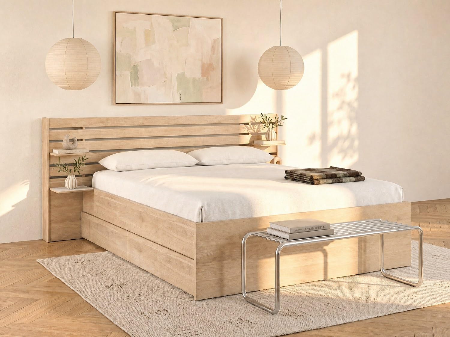 Parisot Lit Adulte ESCALE 140x190/200 cm - Tete de lit + 2 tiroirs - Décor Chene du Japon
