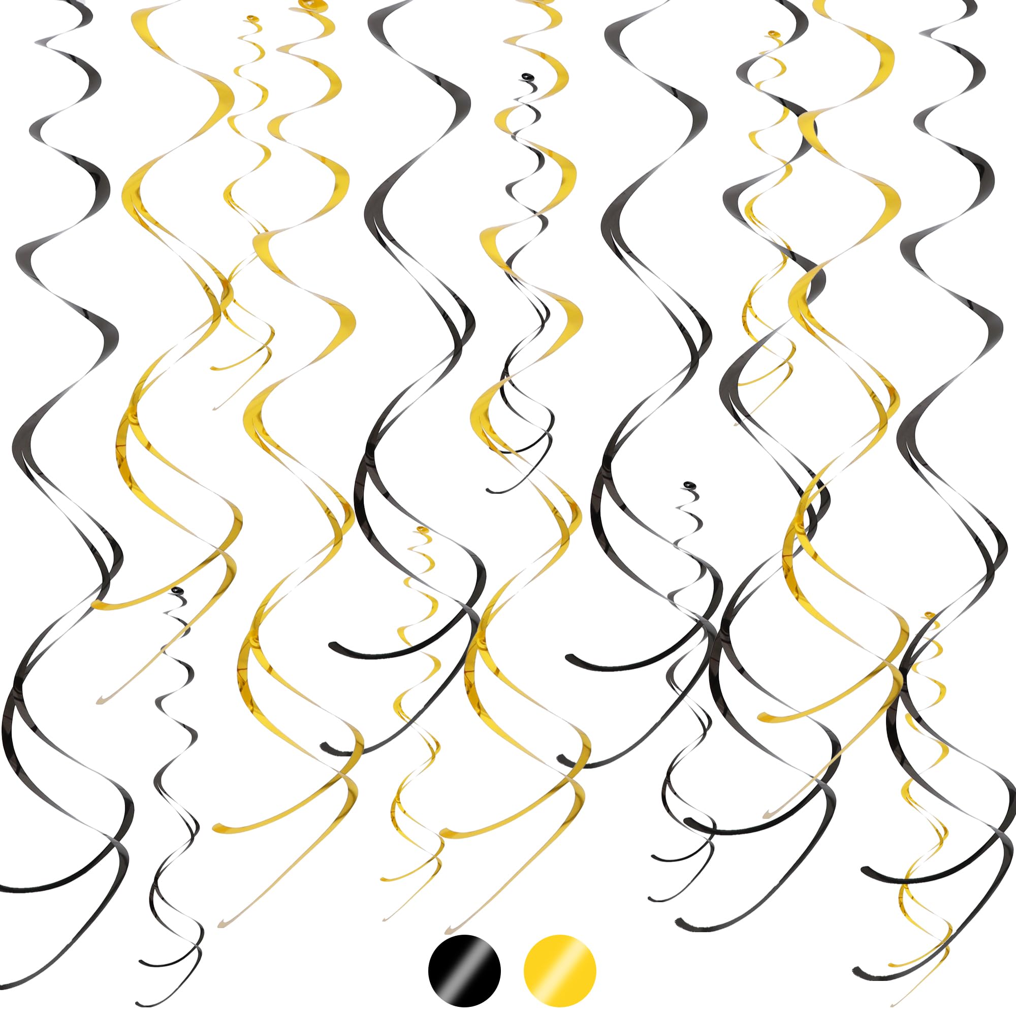 TONIFUL 27 Inch Plastic Streamer Foil Swirl Hanging for Ceilings, Windows, Doorways, Fireplaces Wedding, Birthday, Graduation Party, Valentine's Day, Christmas Home Decoration-Black Gold