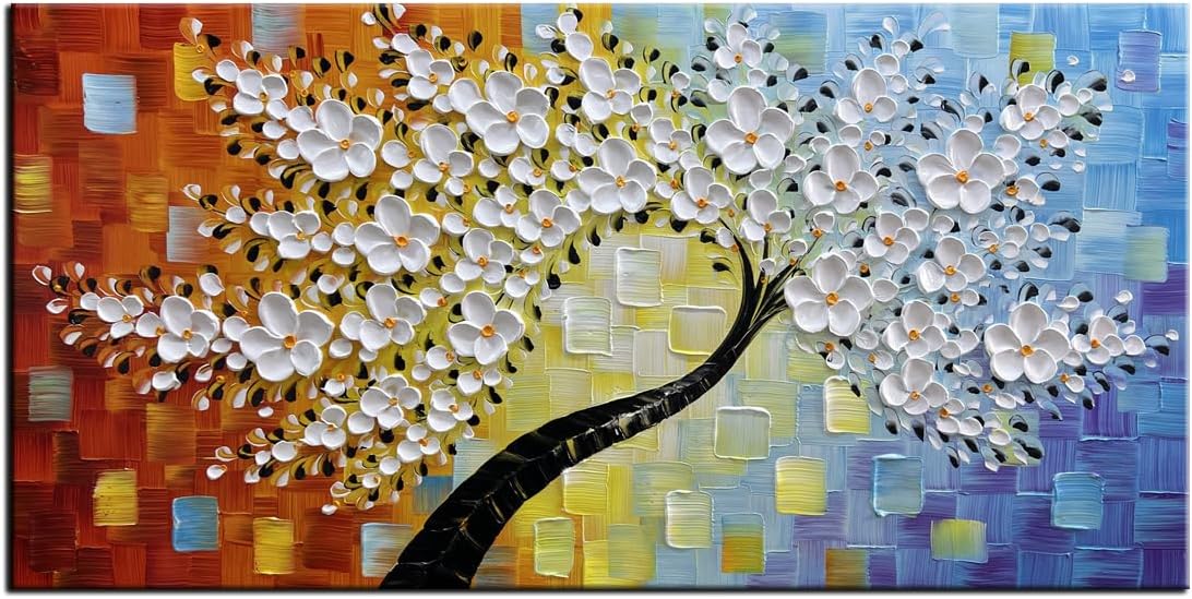 hand-painted Contemporary Art Oil Painting On Canvas Texture Palette Knife Tree Paintings Modern Home Interior Decor Abstract Art Colorful 3D Flowers Paintings Ready to hang 24x48inch