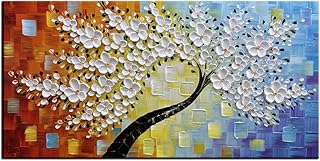 YaSheng Art -hand painted White Flowers Paintings Oil Painting On Canvas Abstract Texture Palette Knife Tree Paintings Modern Home living room Bedroom Dining Room Wall Decor Ready to hang 20x40inch
