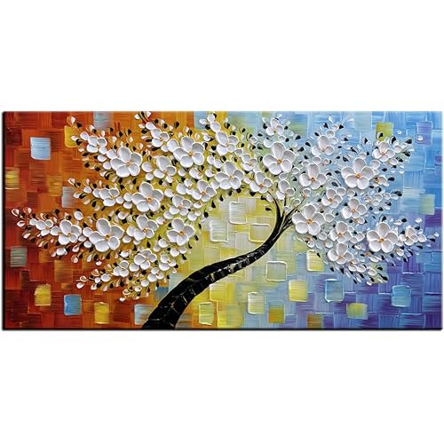 YaSheng Art -hand painted White Flowers Paintings Oil Painting On Canvas Abstract Texture Palette Knife Tree Paintings Modern Home living room Bedroom Dining Room Wall Decor Ready to hang 20x40inch