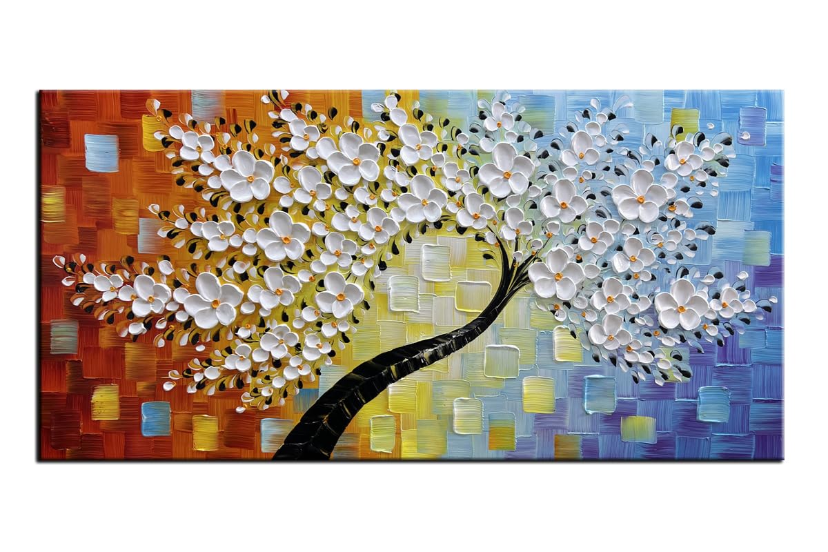 YaSheng Art -Handmade Colorful 3D Flowers Art Oil Painting On Canvas Texture Palette Knife Tree Paintings Modern Abstract Canvas Wall Art Home Interior living room Bedroom Decor Art 24x48inch