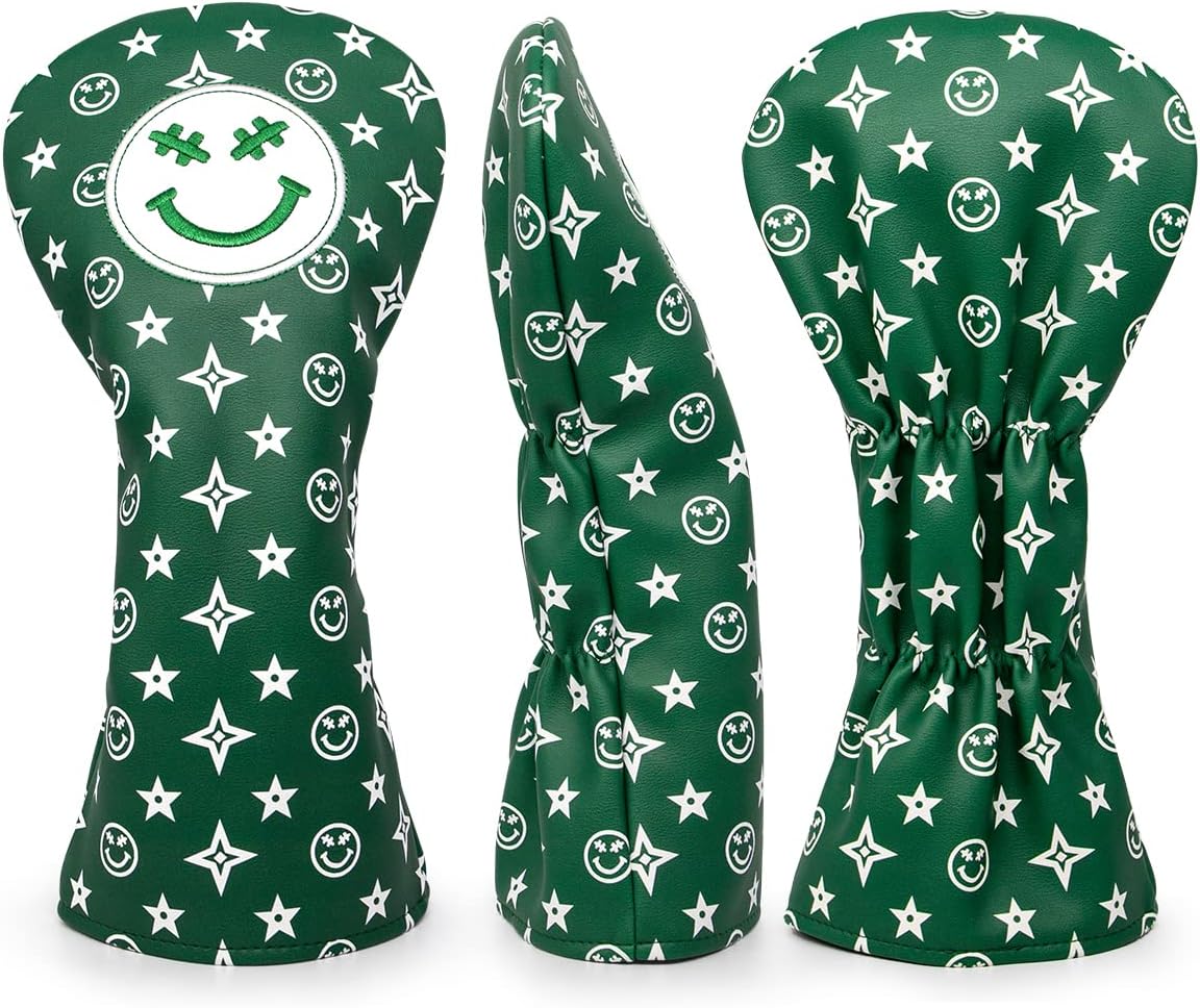 Stars and Smiles Golf Club Covers for Driver, Fairway, Hybrids - 4 Options - Golf Driver Headcover/ Golf Fairway Wood Head Cover/ Hybrid Headcover for Men/ Women Golfer - White Synthetic Leather Golf Headcover