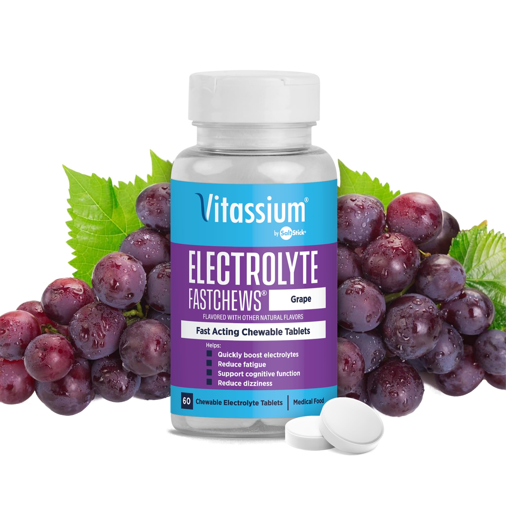 Vitassium FastChews, Chewable Electrolyte Tablets for Management of POTS and High Sodium Diets, Fast-Acting Sodium Tablets, Grape Flavor, 60 Count Grape 60 Count (Pack of 1)