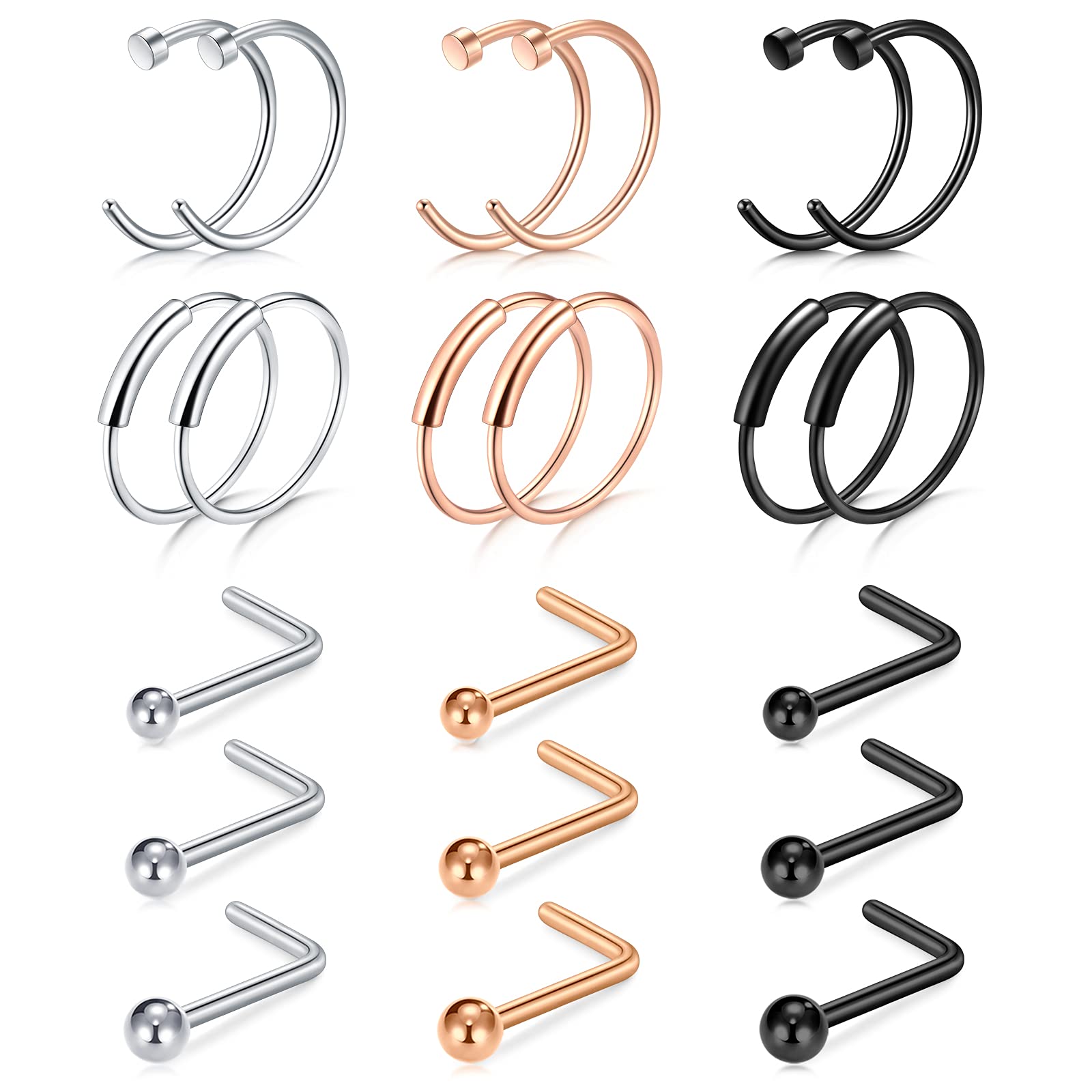 FECTAS 18g Nose Rings Stud Hoop L Shape Nose Studs Stainless Steel Nose Screw Bone Nostril Hoops Piercing Jewelry for Women Men Silver Gold Black Pack