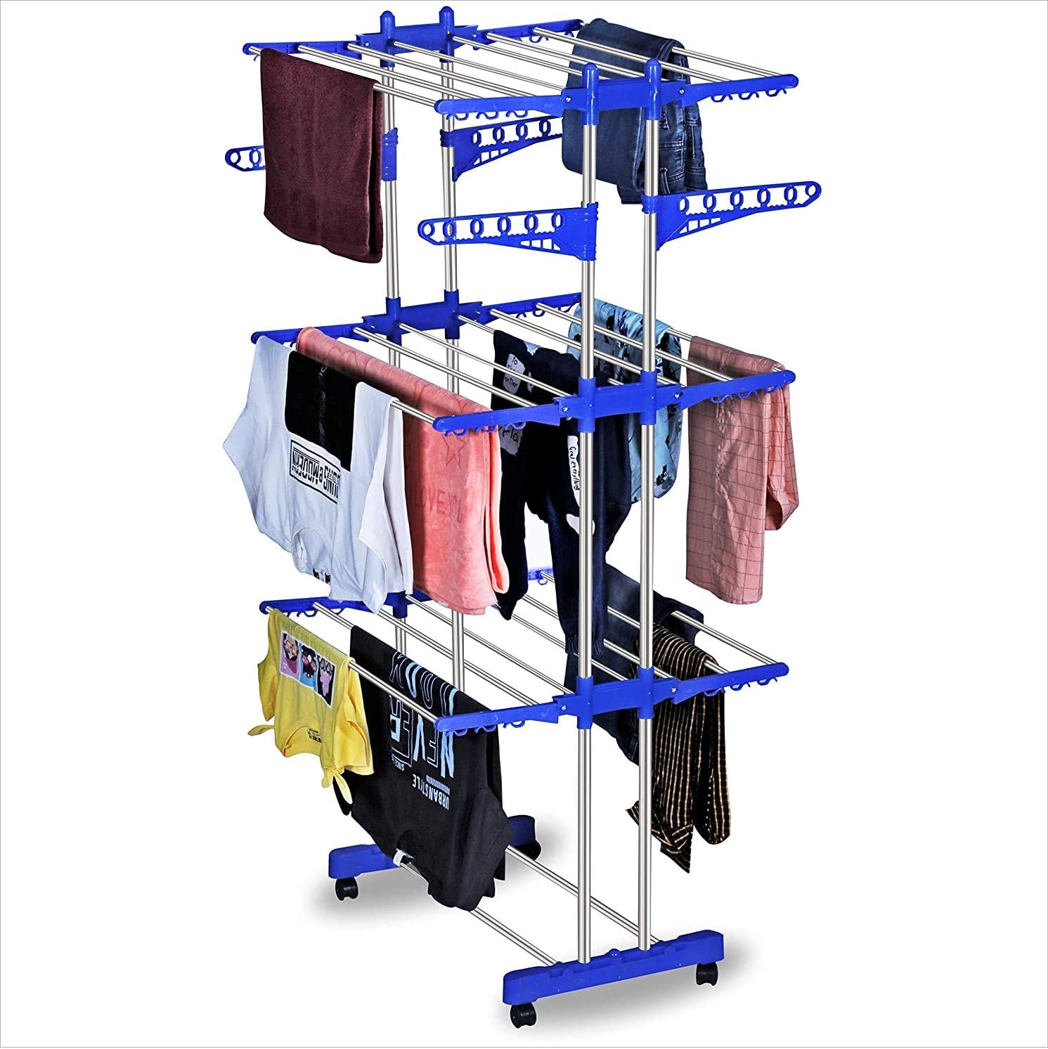 KTS Heavy Duty Rust-Free Stainless Steel Double Pole Cloth Drying Stand | Clothes Dryer Stands | Laundry Racks with Wheels for Indoor | Outdoor | Balcony (Blue Drying Stand)