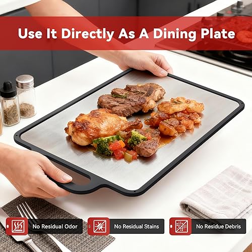 Miniatura 7 de Tabla de cortar de acero inoxidable sólido de doble cara para cocina, grado 304 y apta para lavavajillas, antideslizante con ranura para jugos,