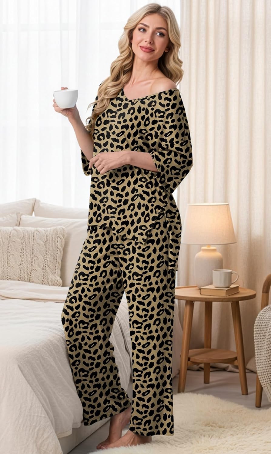 PrinStory Womens Pajama Sets Short Sleeve Pajamas Set 2 Piece Pjs Sets for Women Comfy Loungewear with Pockets - Image 3