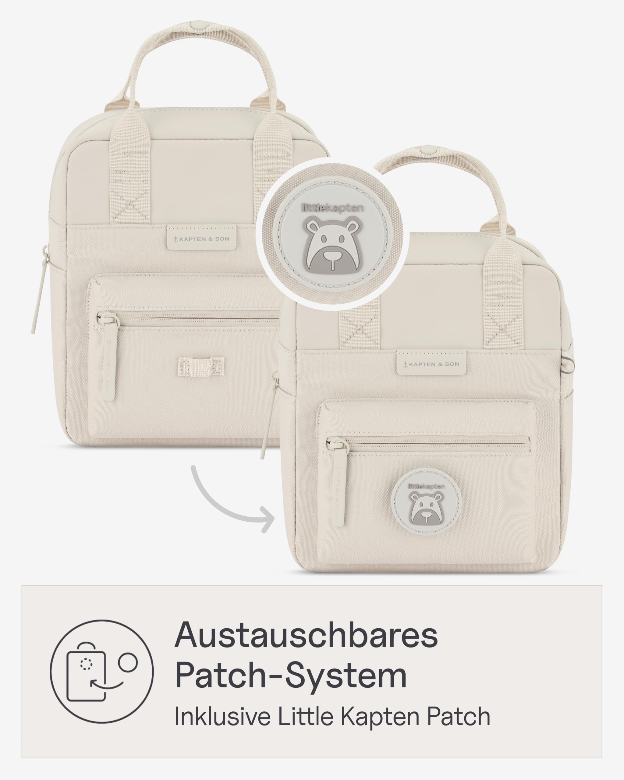 Kapten & Son Rucksack Bergen Kids Sandstone | Kinderrucksack Beige für Kita & Freizeit (4,5 L Volumen; DIN A5) | austauschbare Patches, reflektierende Details, Brustgurt | Jungen & Mädchen (2-5 Jahre)