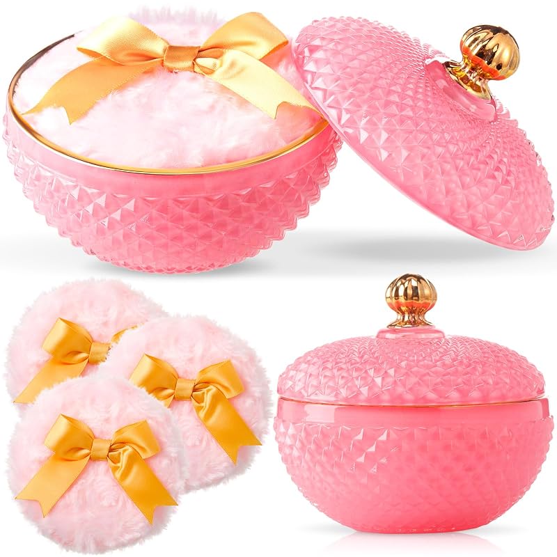 Teenyyou Conjunto com 3 puffs de pó rosa e recipiente de vidro com textura cristal