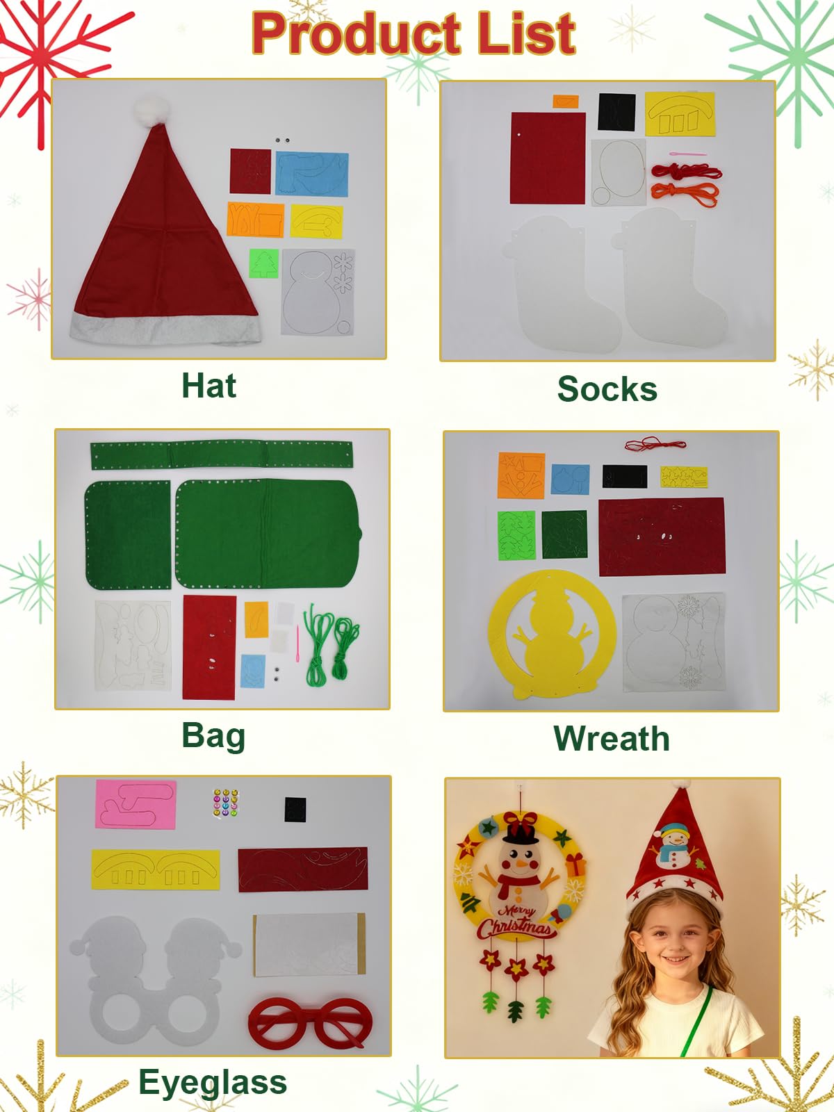 Fenzonmic Family Christmas Craft Kit, DIY Felt Activity to Build 5 Sets, Includes Hat, Glasses, Clutch, Sock & Wreath - Image 3