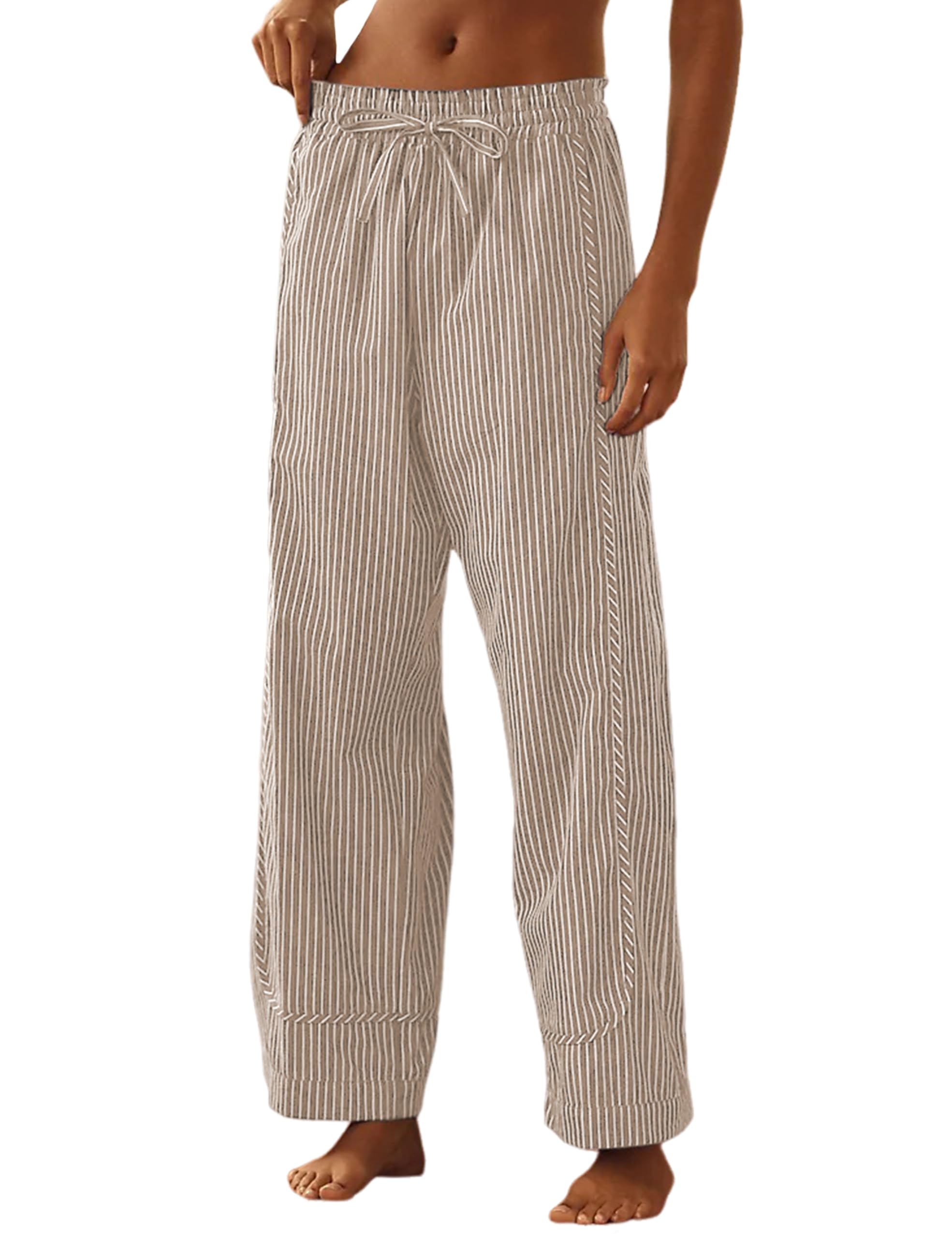 Lentta Womens Wide Leg Pants Striped Cotton Pull on High Rise Straight Trousers with Pockets