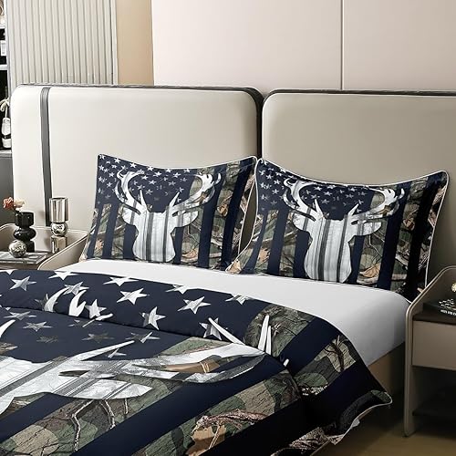 Miniatura 4 de Juego de funda de edredón de 100% algodón lavado, diseño de camuflaje y bandera estadounidense, tamaño individual con 1 funda de almohada, funda de