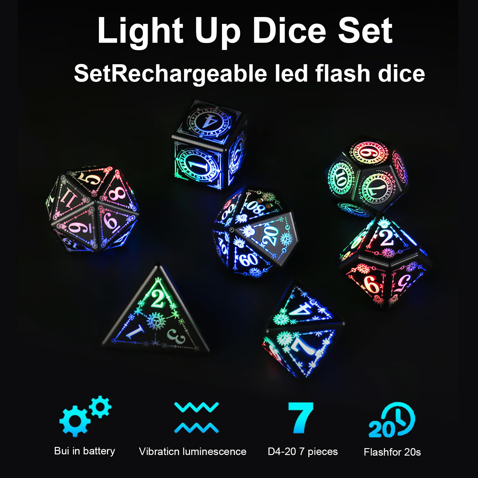 ORUZA Light up Dice Set, 7 PCS Rechargeable LED DND Dice with Charging Box - Image 2